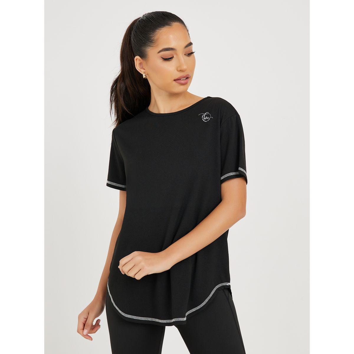 Styli Active Contrast Stitch Sleeves & Hem Front Neck Print Loose Yoga Top-sports-women-clothing-tshirtsandvests-image-1
