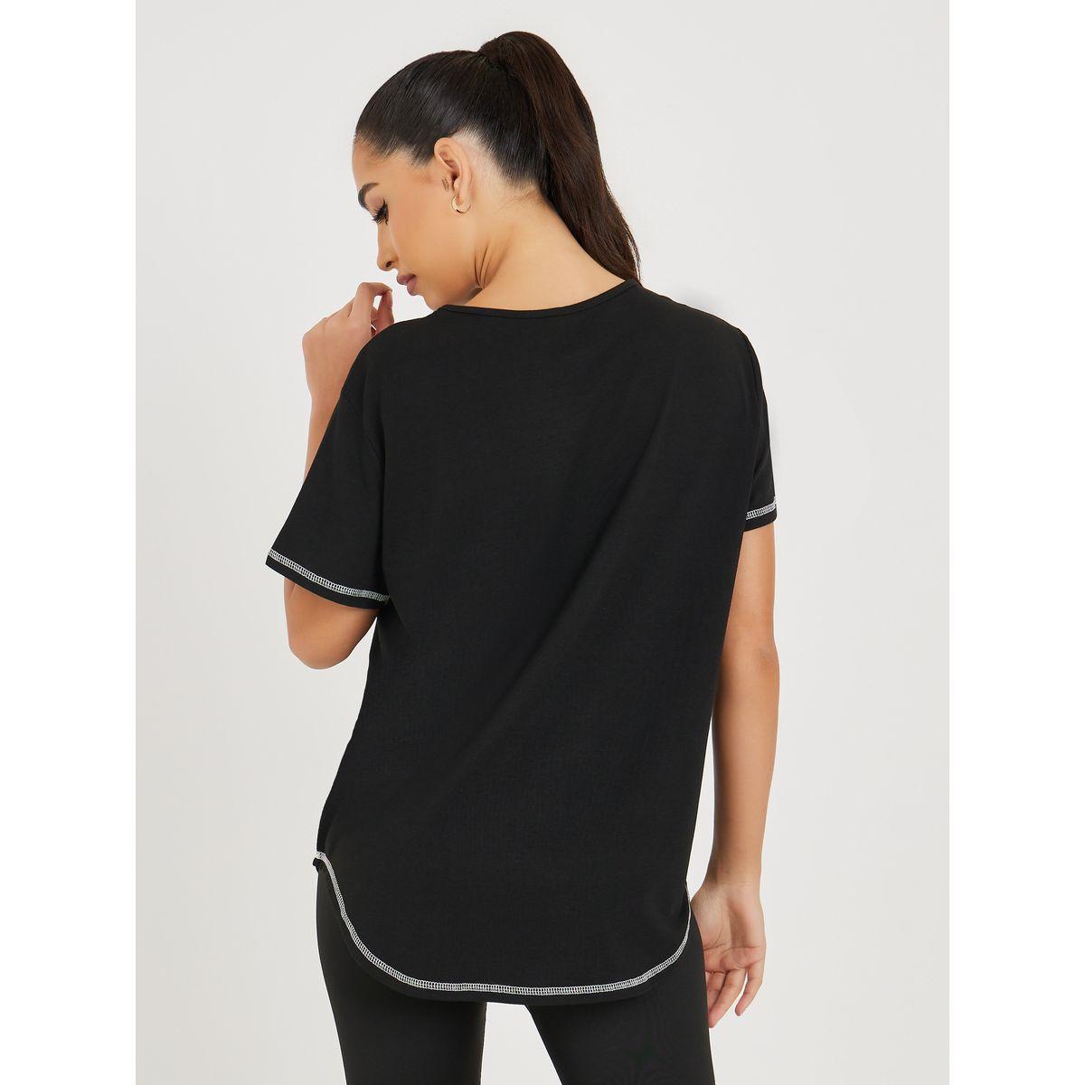 Styli Active Contrast Stitch Sleeves & Hem Front Neck Print Loose Yoga Top-sports-women-clothing-tshirtsandvests-image-4
