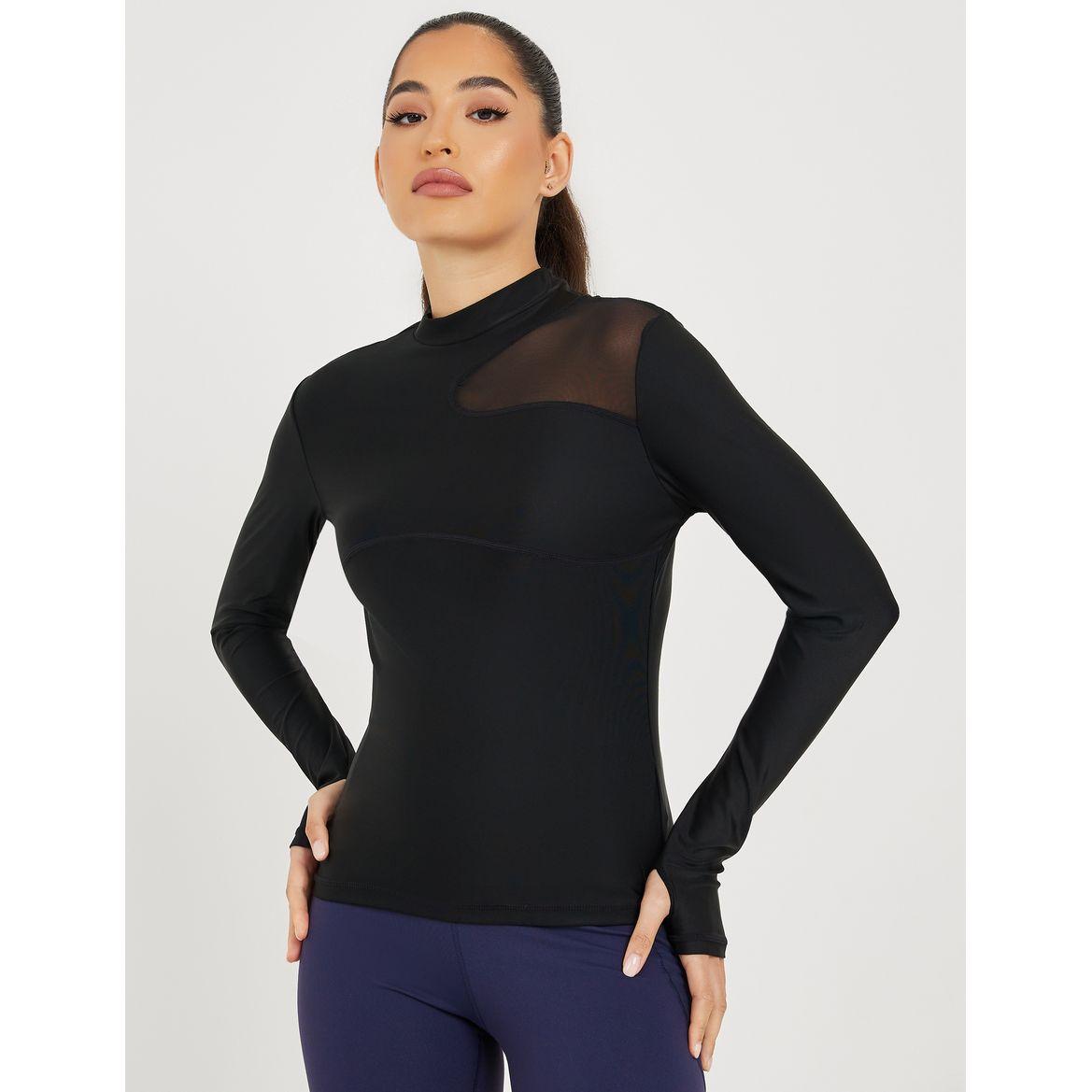 Styli Active One Shoulder Mesh Insert Thumbhole Detail Top-women-clothing-sportswearandactivewear-tshirtsandvests-image-1