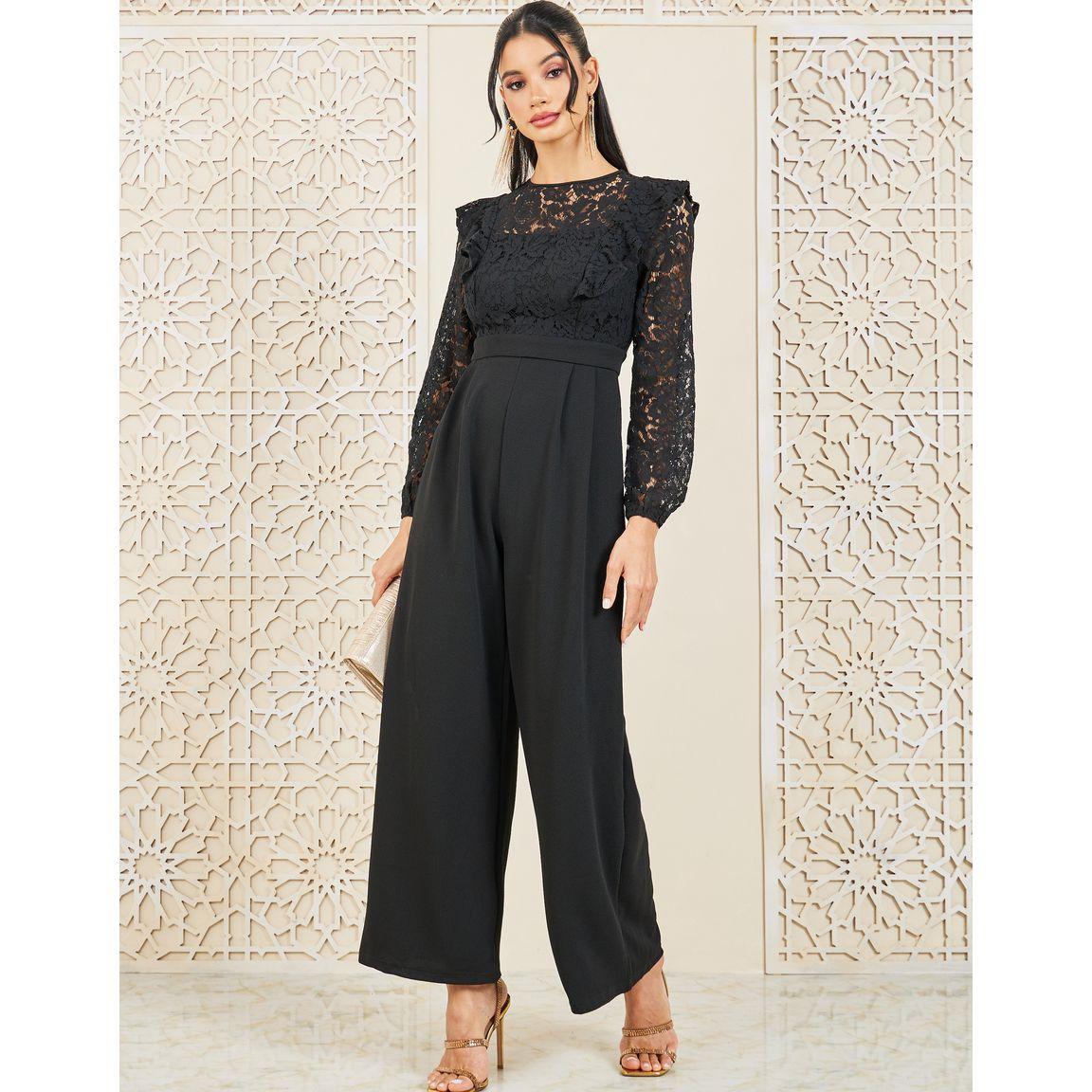 جمبسوت بتفاصيل دانتيل وكشكش مع أرجل واسعة-women-clothing-jumpsuits-image-1