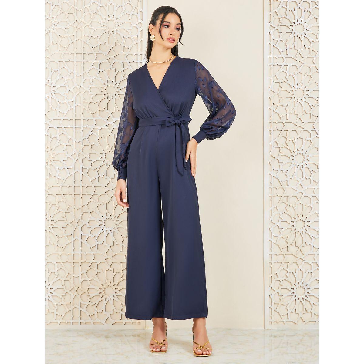 Styli Chiffon Jacquard Sleeves Wide Leg Jumpsuit with Tie Up Belt-women-clothing-jumpsuits-image-1