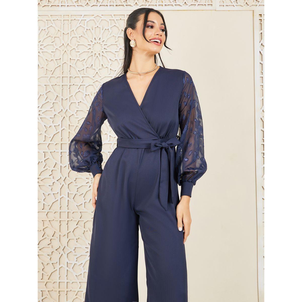Styli Chiffon Jacquard Sleeves Wide Leg Jumpsuit with Tie Up Belt-women-clothing-jumpsuits-image-2