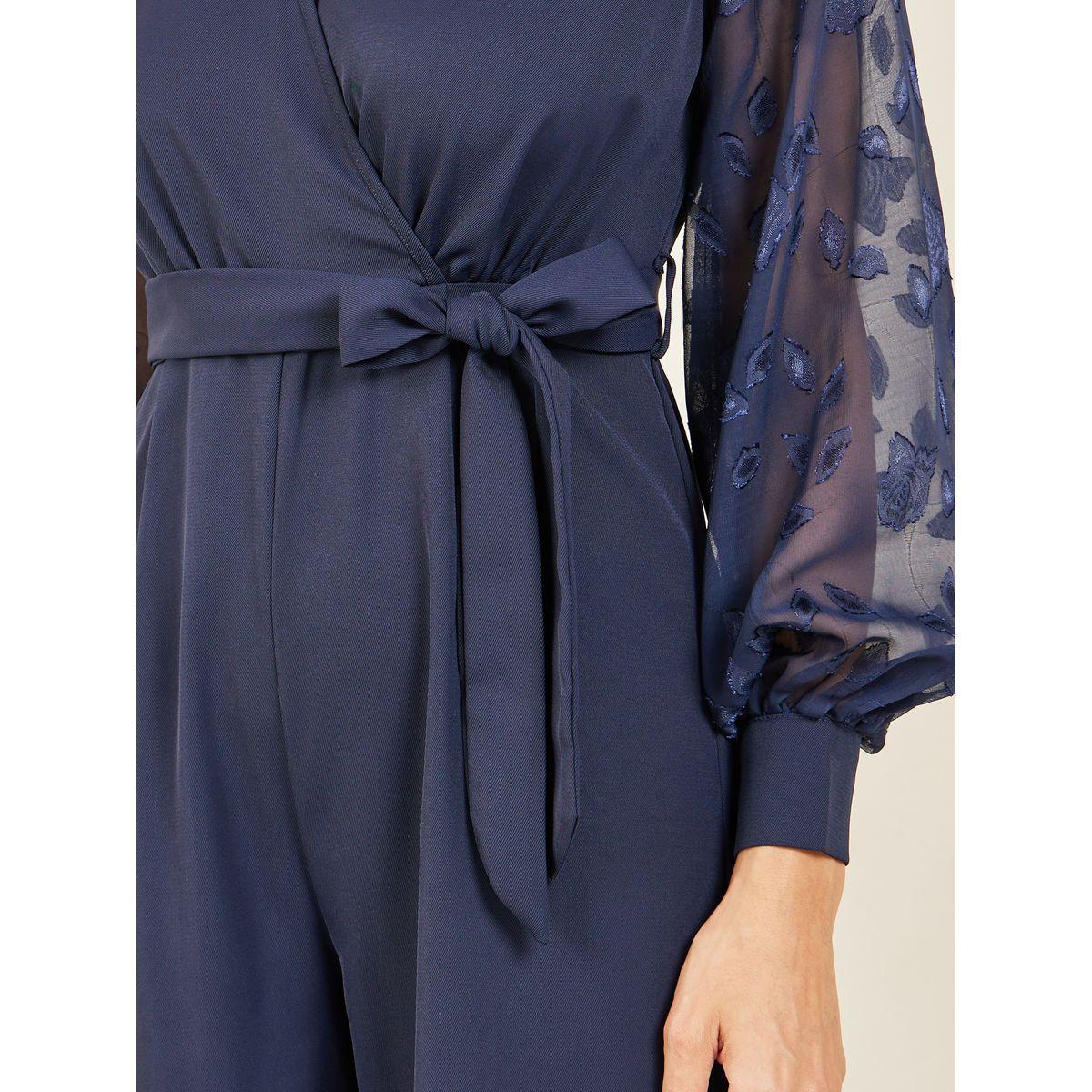Styli Chiffon Jacquard Sleeves Wide Leg Jumpsuit with Tie Up Belt-women-clothing-jumpsuits-image-3