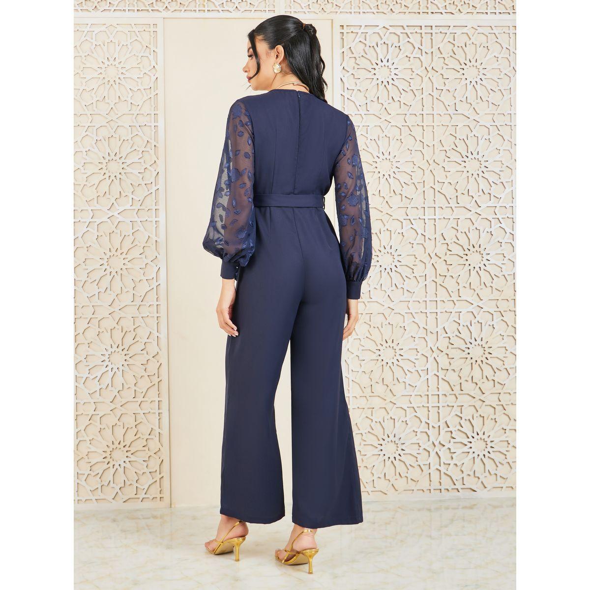 Styli Chiffon Jacquard Sleeves Wide Leg Jumpsuit with Tie Up Belt-women-clothing-jumpsuits-image-4