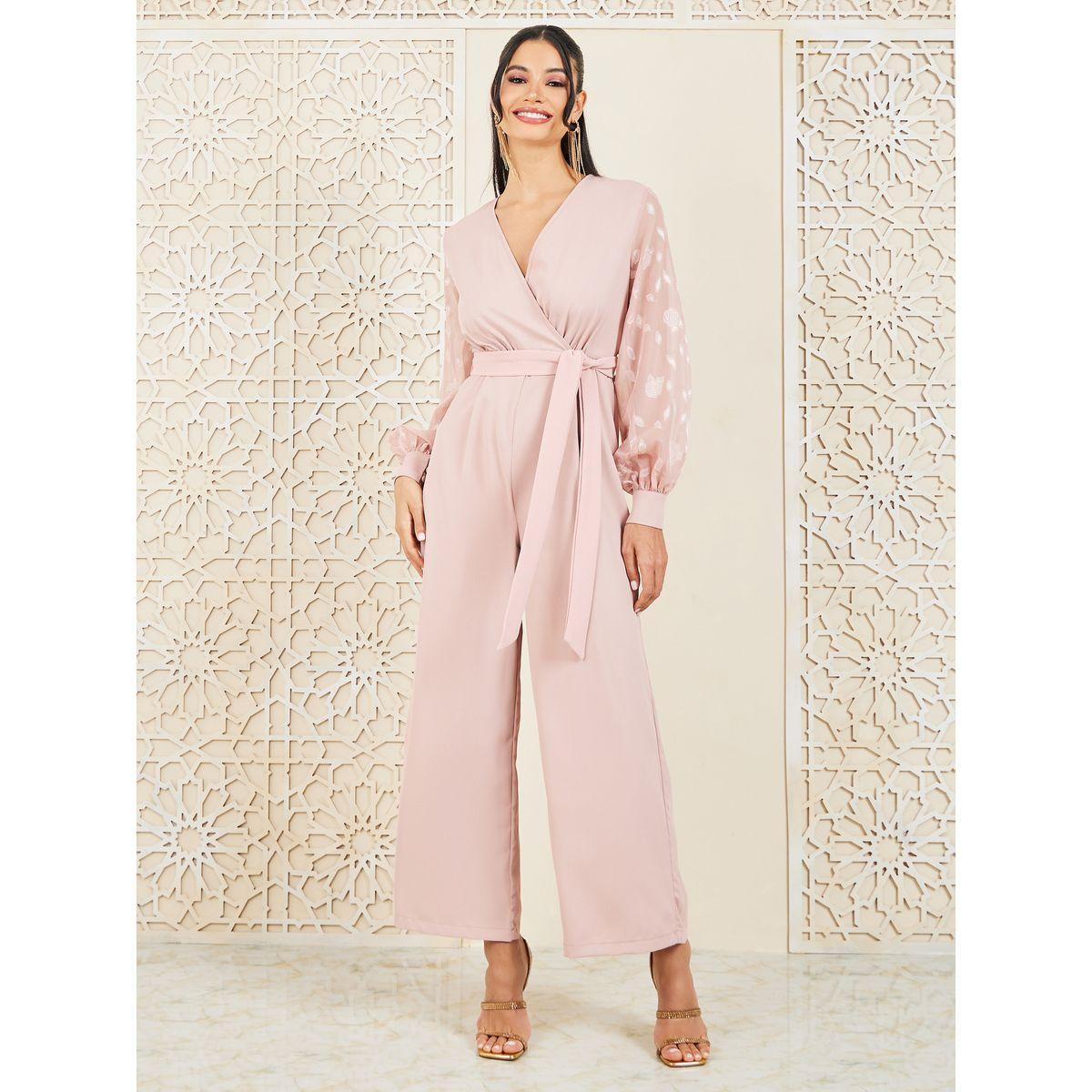 جمبسوت شيفون بتفاصيل جاكار مع حزام خصر-women-clothing-jumpsuits-image-1