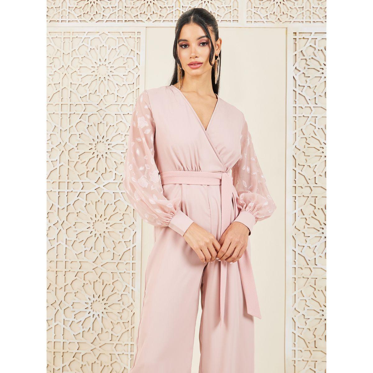 Styli Chiffon Jacquard Sleeves Wide Leg Jumpsuit with Tie Up Belt-women-clothing-jumpsuits-image-2