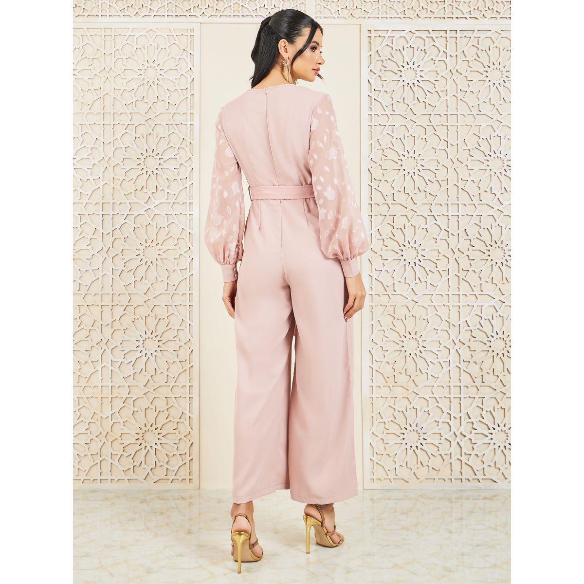 Styli Chiffon Jacquard Sleeves Wide Leg Jumpsuit with Tie Up Belt-women-clothing-jumpsuits-image-4