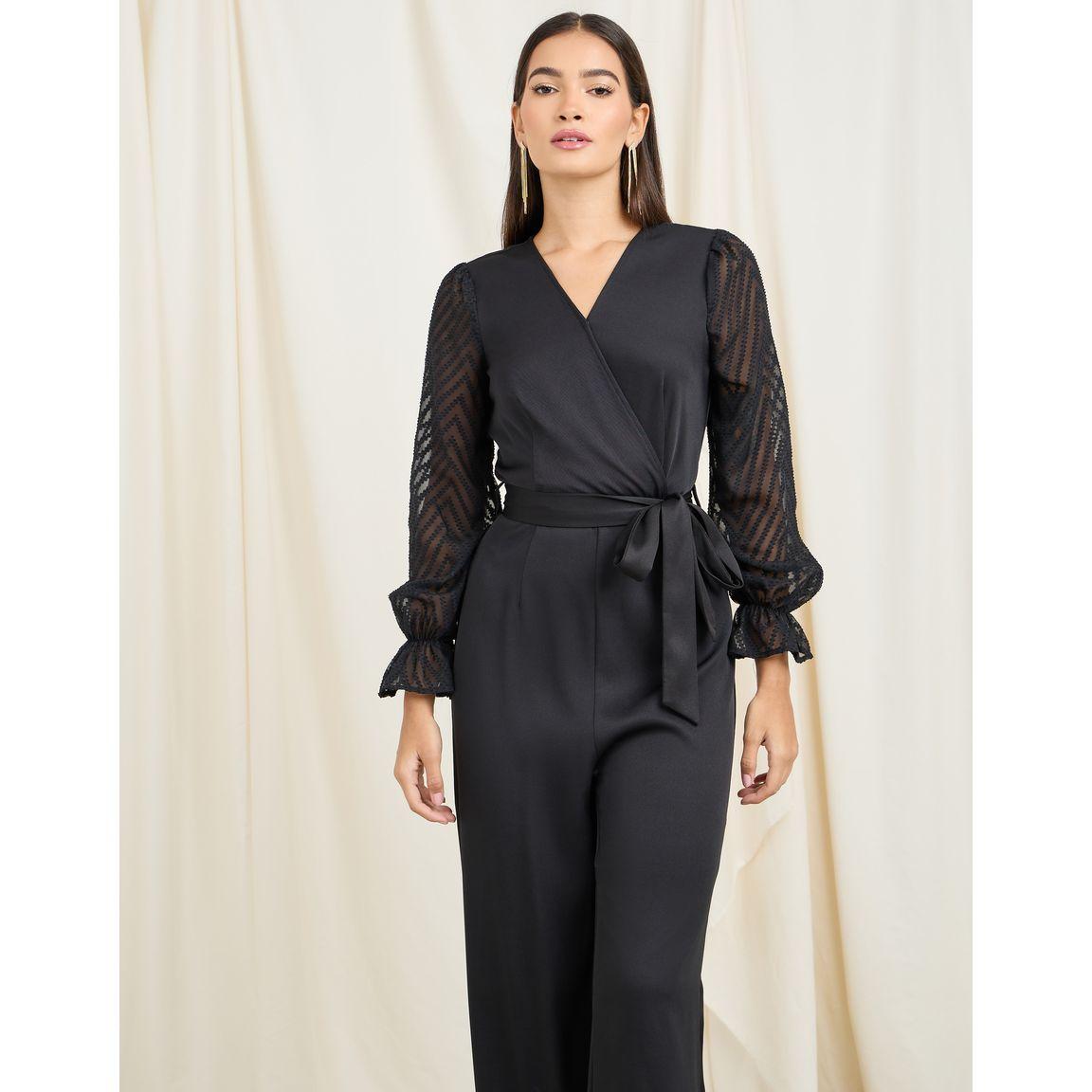 Styli Wrap Front Wide Leg Jumpsuit with Chiffon Jacquard Sleeves & Tie Up Belt-women-clothing-jumpsuits-image-2