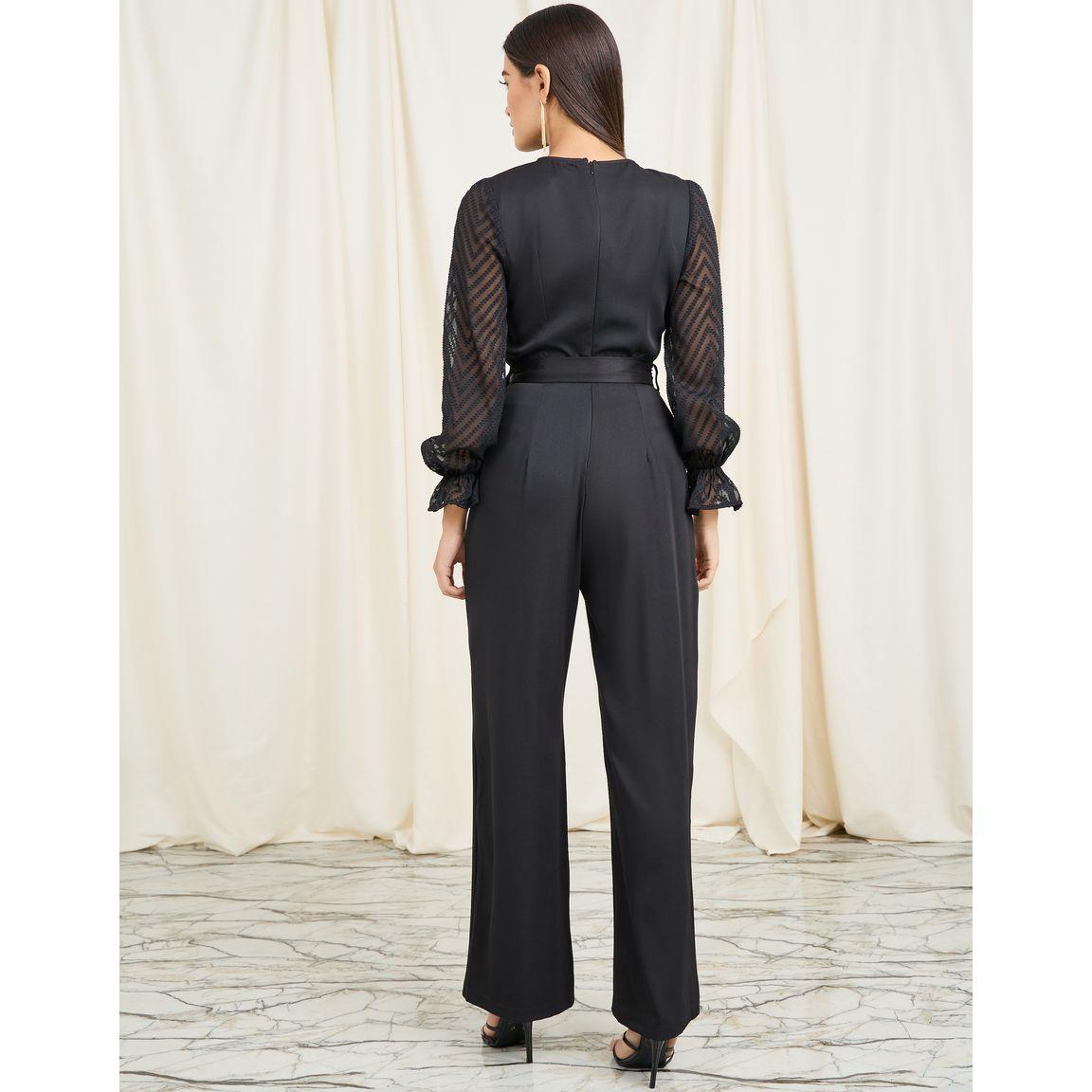 Styli Wrap Front Wide Leg Jumpsuit with Chiffon Jacquard Sleeves & Tie Up Belt-women-clothing-jumpsuits-image-4