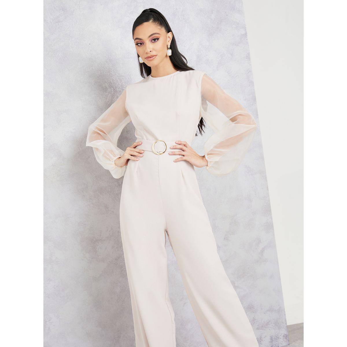 Styli Organza Sleeves Belted Wide Leg Jumpsuit-women-clothing-jumpsuits-image-2