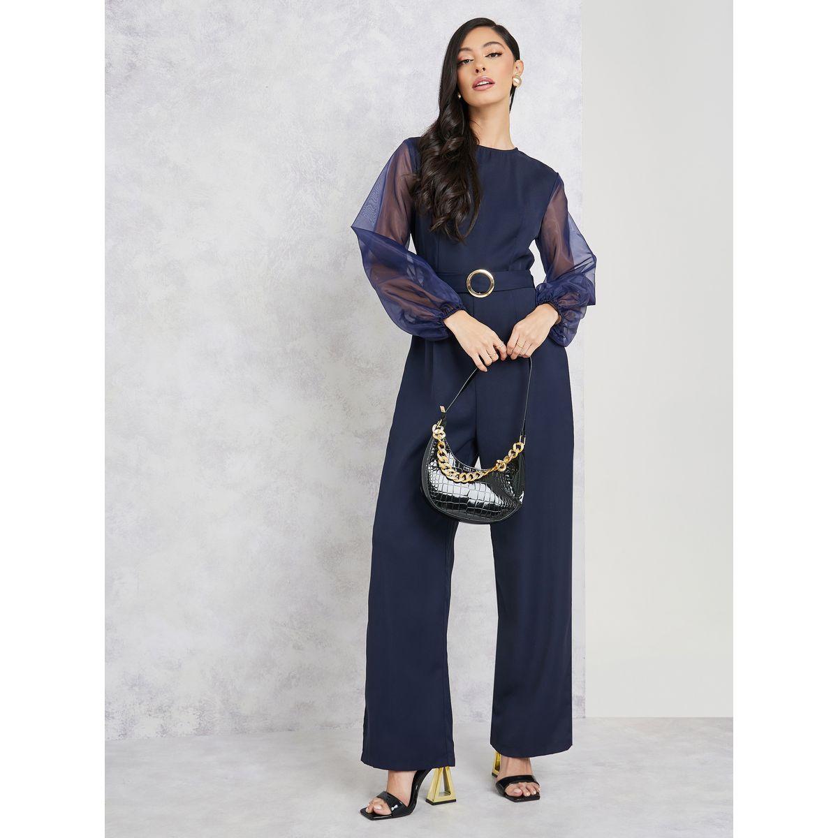 Styli Organza Sleeves Belted Wide Leg Jumpsuit-women-clothing-jumpsuits-image-1