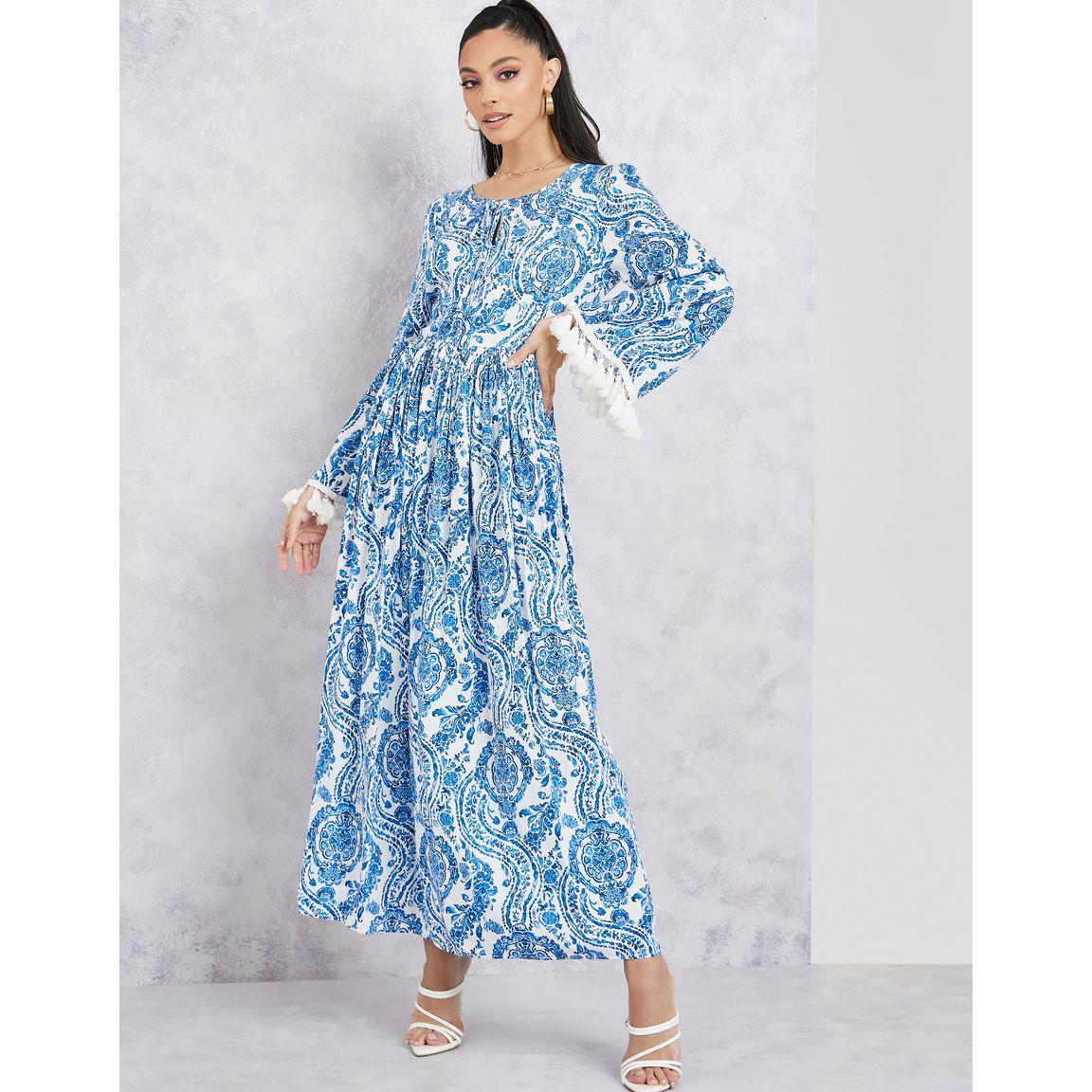 Styli Paisley Print Tassel Detail Sleeves A-Line Maxi Dress-women-clothing-dresses-image-1