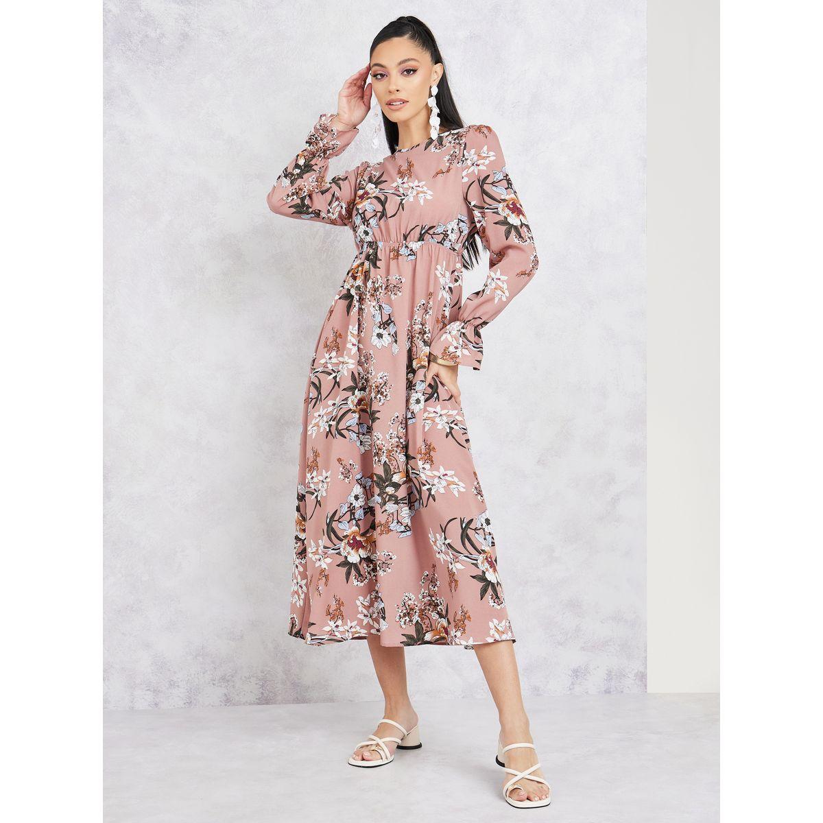 فستان ميدي بنقشة زهرية بنقشة ستيلي على شكل خط A-women-clothing-dresses-image-1