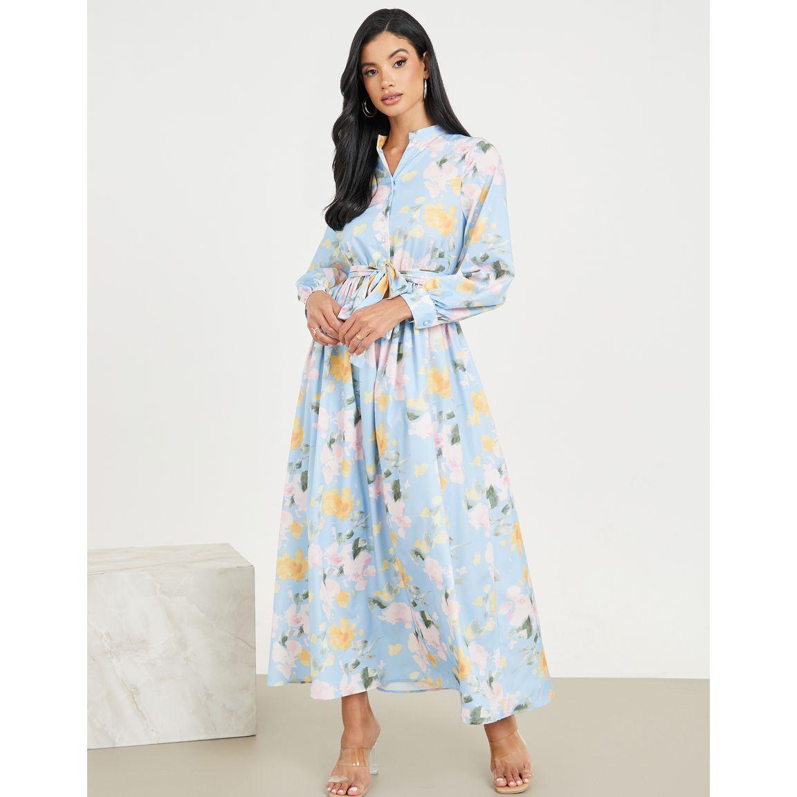 Styli Abstract Print Mandarin Collar Front Button Closure Maxi Dress-women-clothing-dresses-image-1