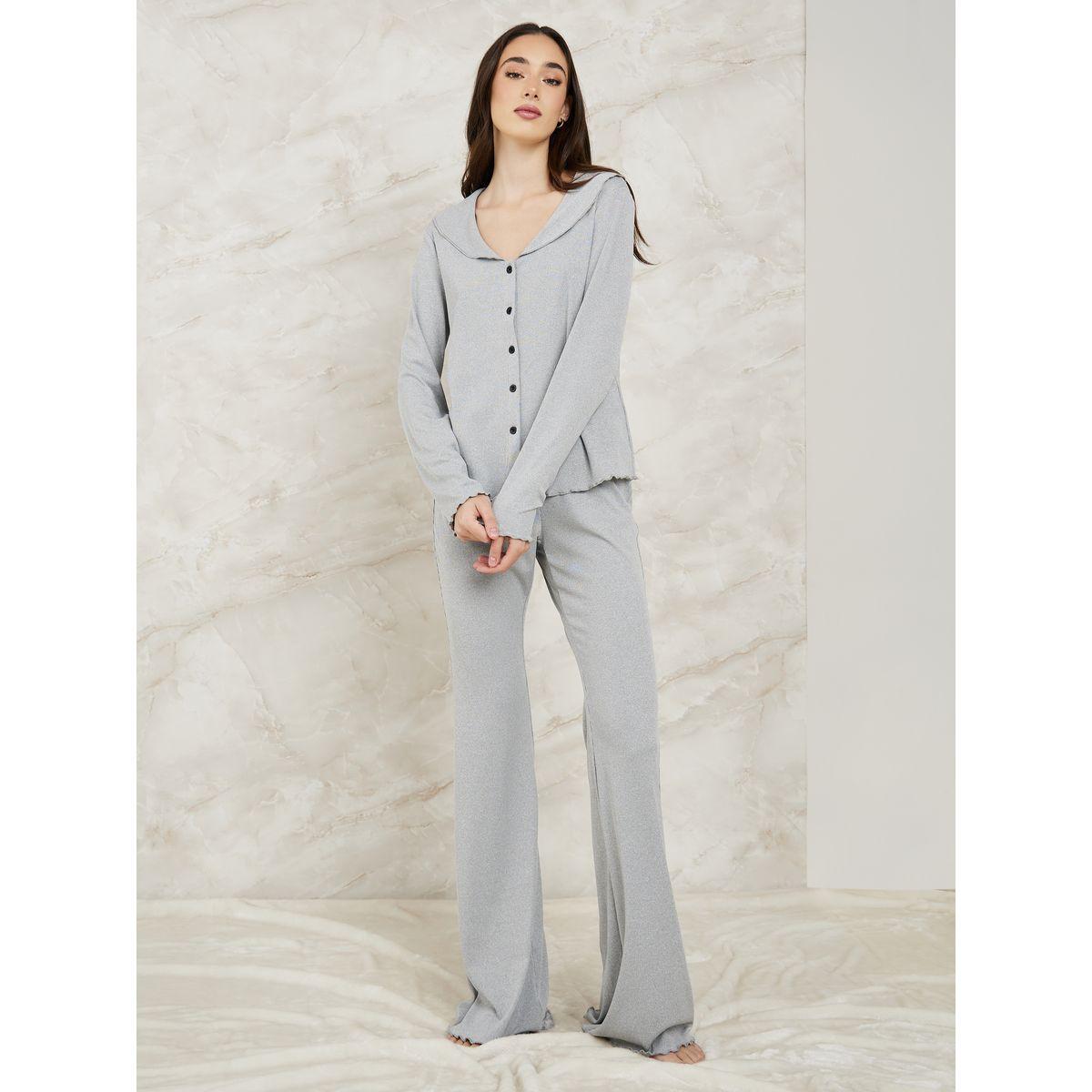 Styli Unwind Collared Rib Lettuce Hem Shirt & Pyjama Set-women-clothing-nightwear-pyjamas-longsets-image-1