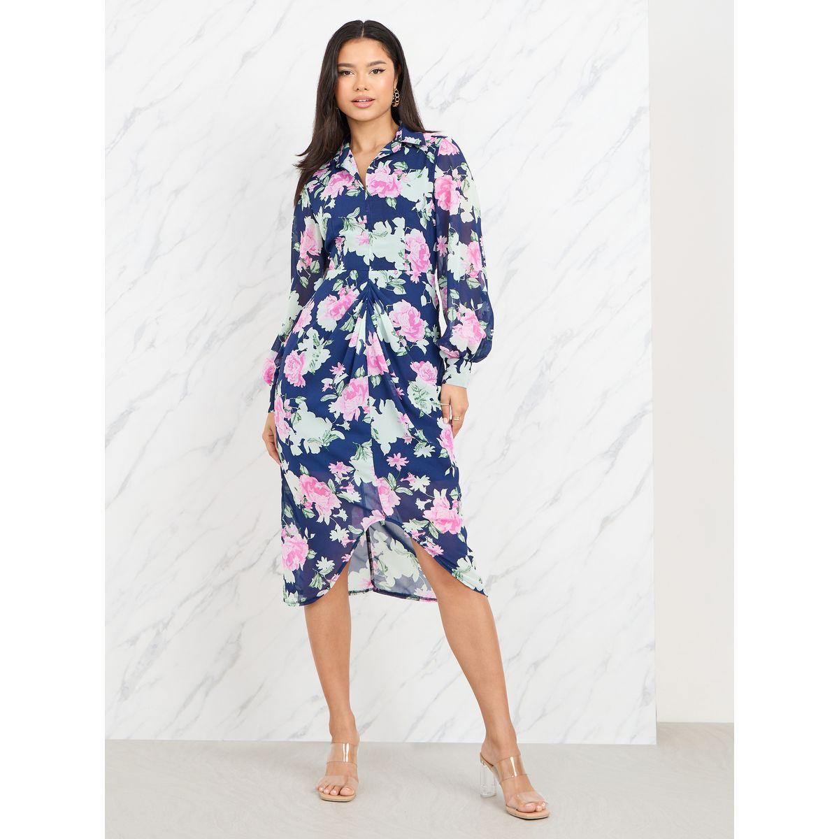 Styli Gathered Detail Floral Print Collared Midi Dress-women-clothing-dresses-image-1