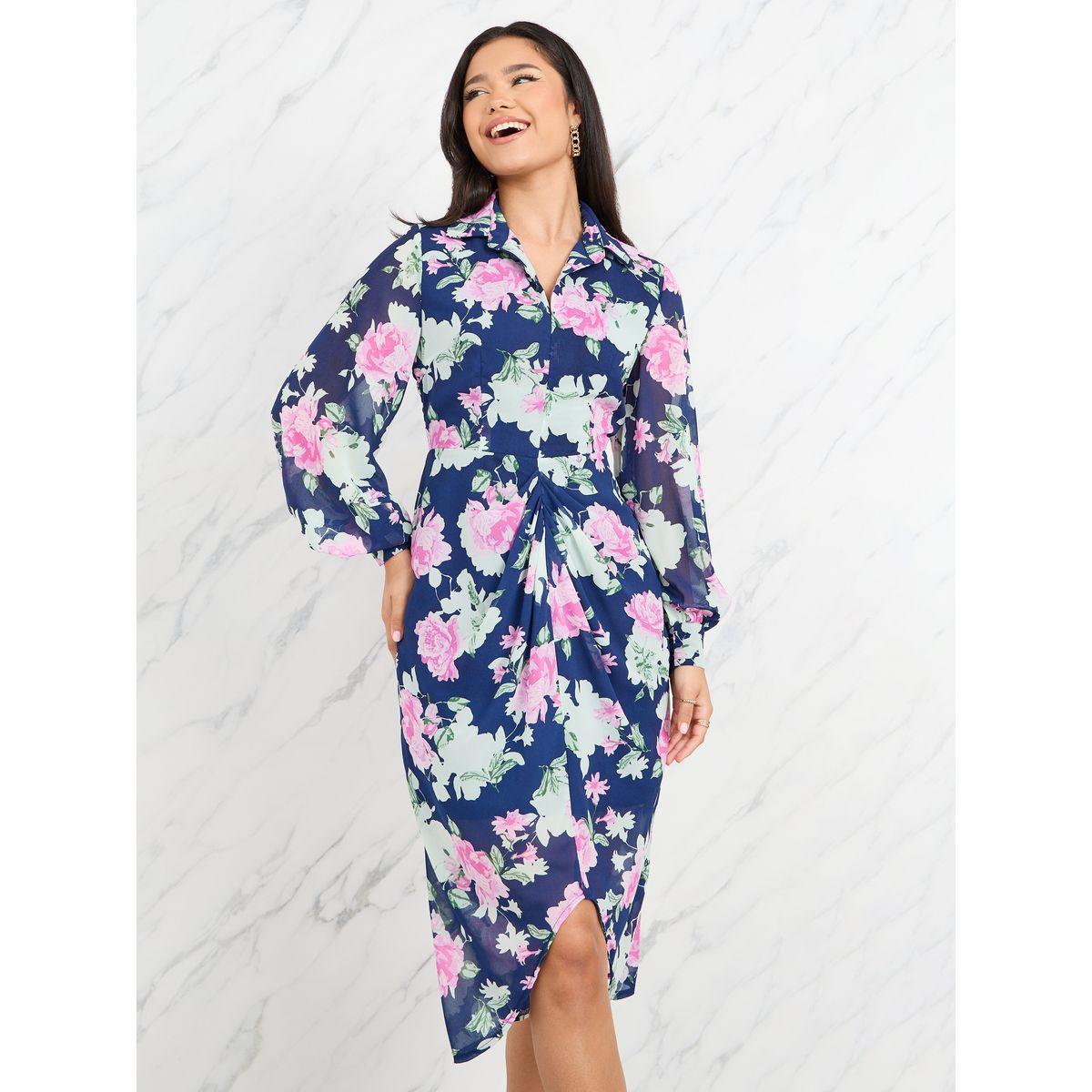 فستان ميدي بكسرات وطبعة زهور-women-clothing-dresses-image-2