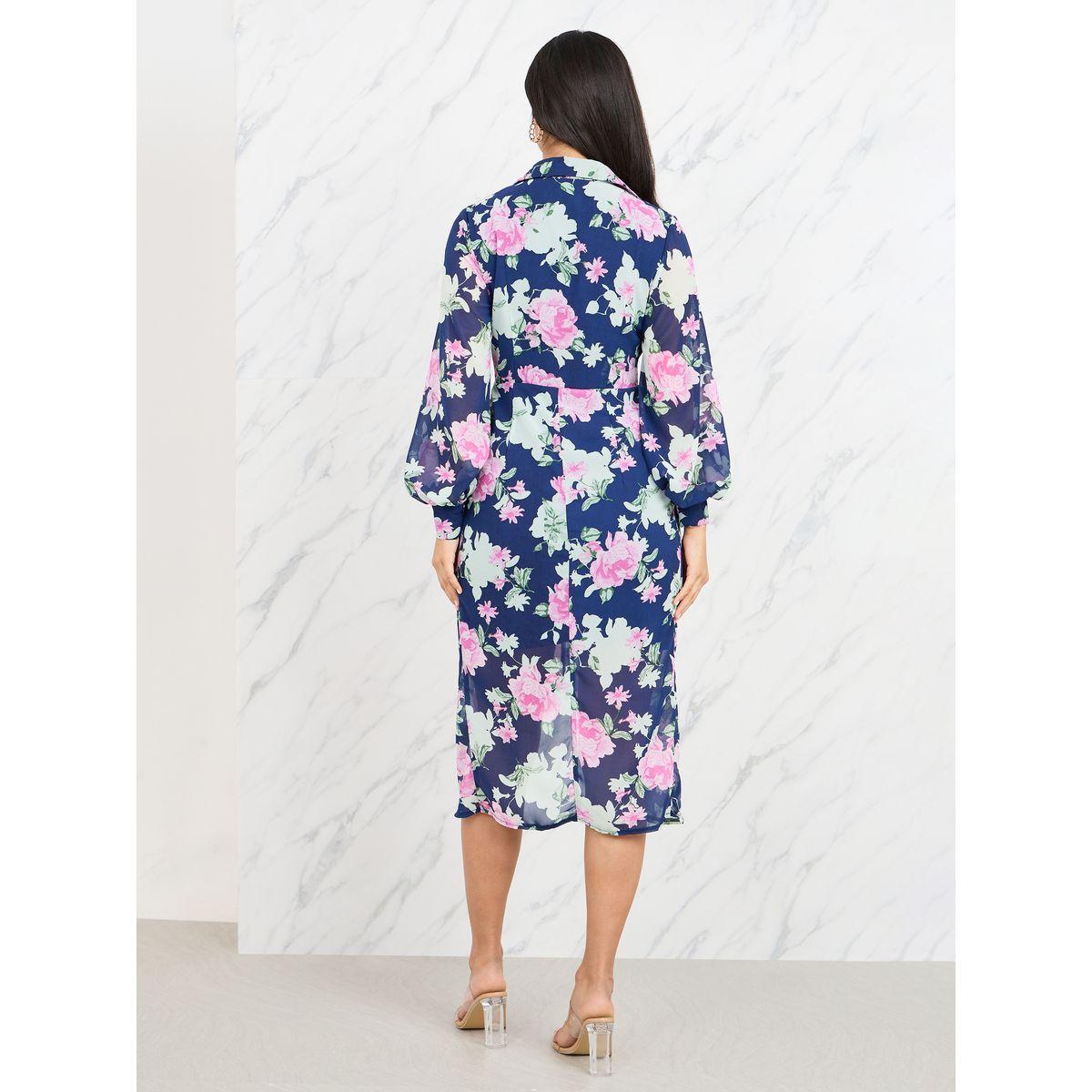 Styli Gathered Detail Floral Print Collared Midi Dress-women-clothing-dresses-image-4