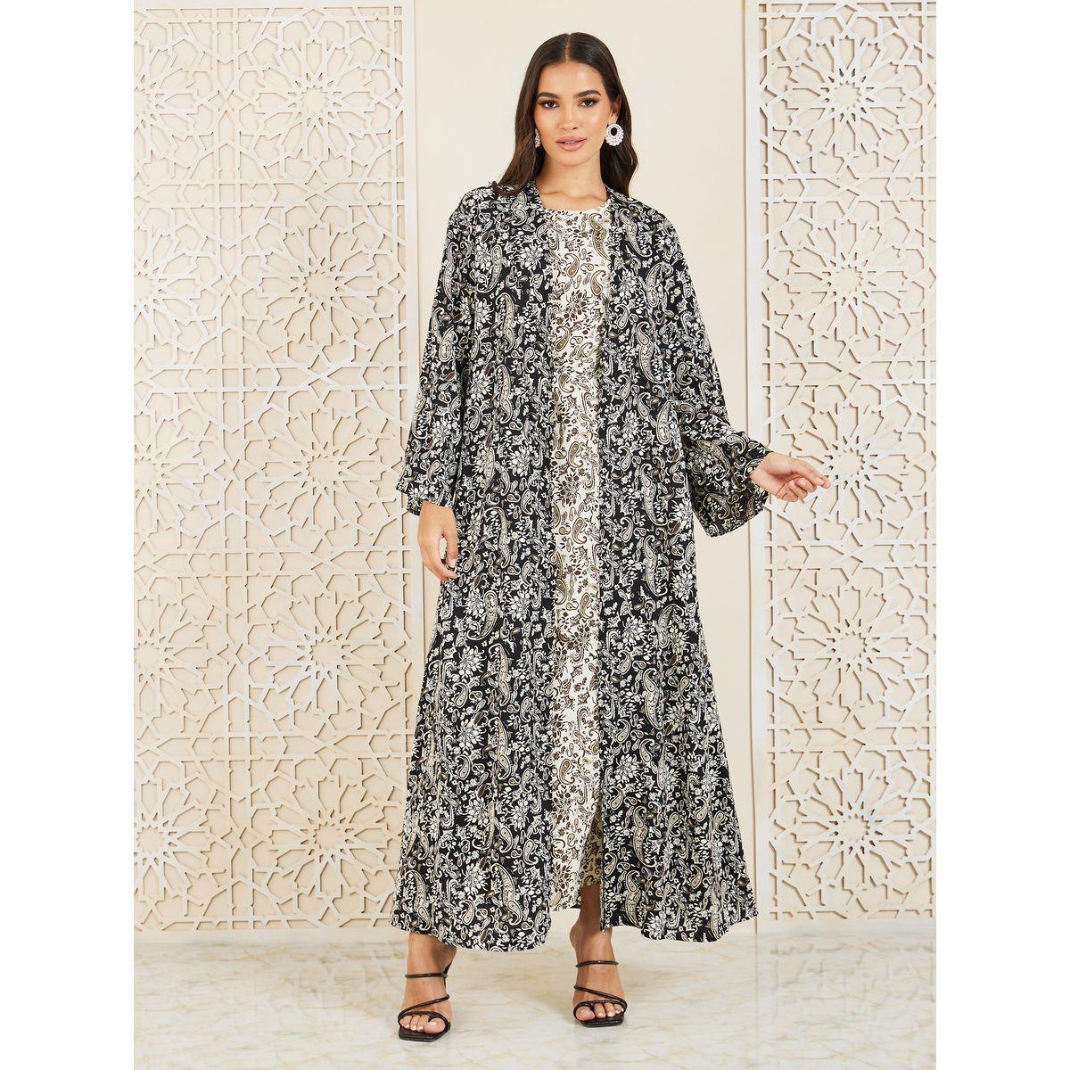 Styli Paisley Print Self Tie Up Shift Maxi Dress and Kimono Set-women-clothing-coordsets-image-1