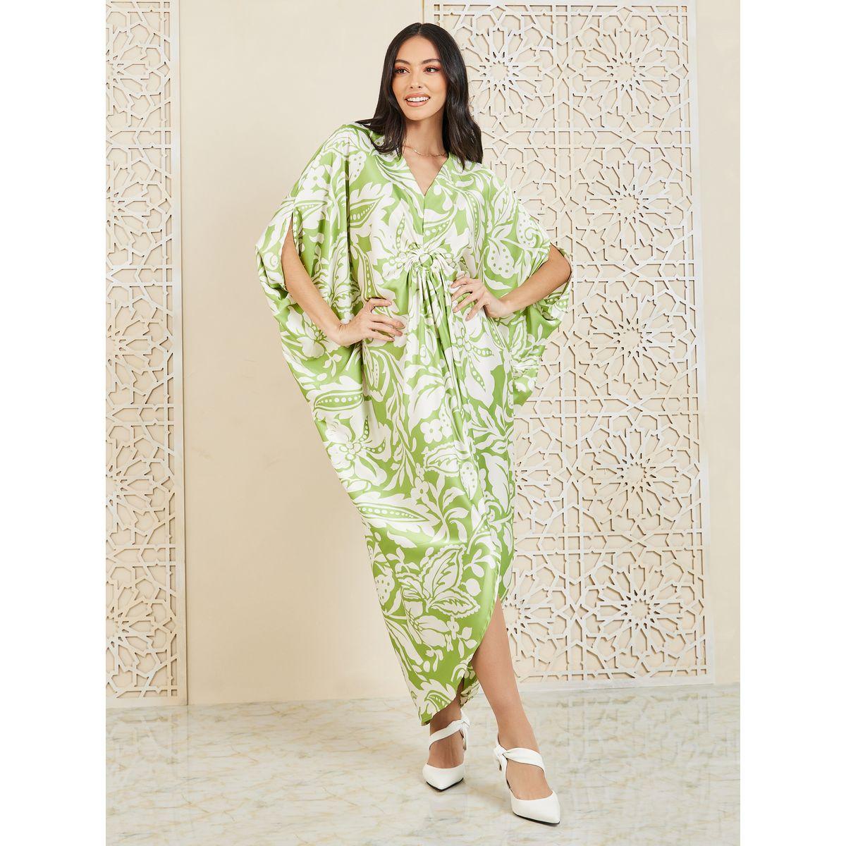 Styli All Over Print Ring Ruched Batwing Sleeves Sheath Midi Dress-women-clothing-dresses-image-1