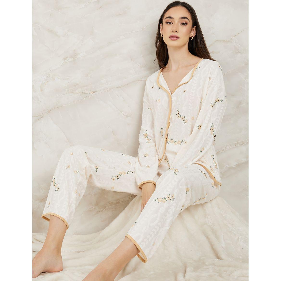 Styli Unwind Jacquard Floral Print Shirt & Pyjama Set-women-clothing-nightwear-pyjamas-longsets-image-1