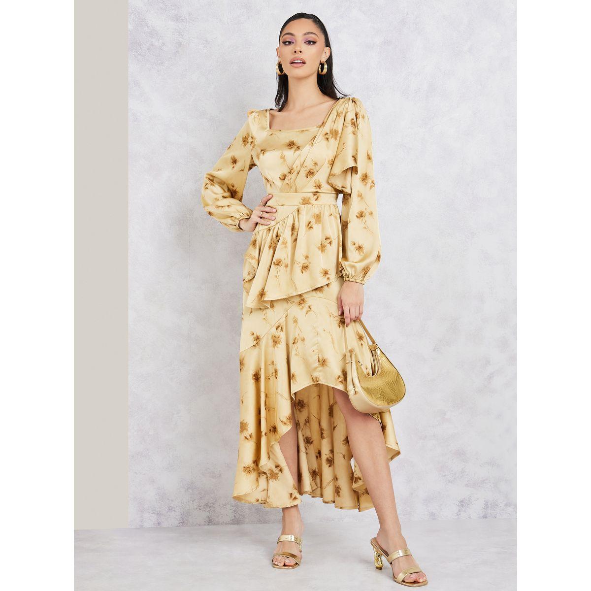 Styli Satin Floral Print Asymmetrical Hem A-Line Midi Dress-women-clothing-dresses-image-1