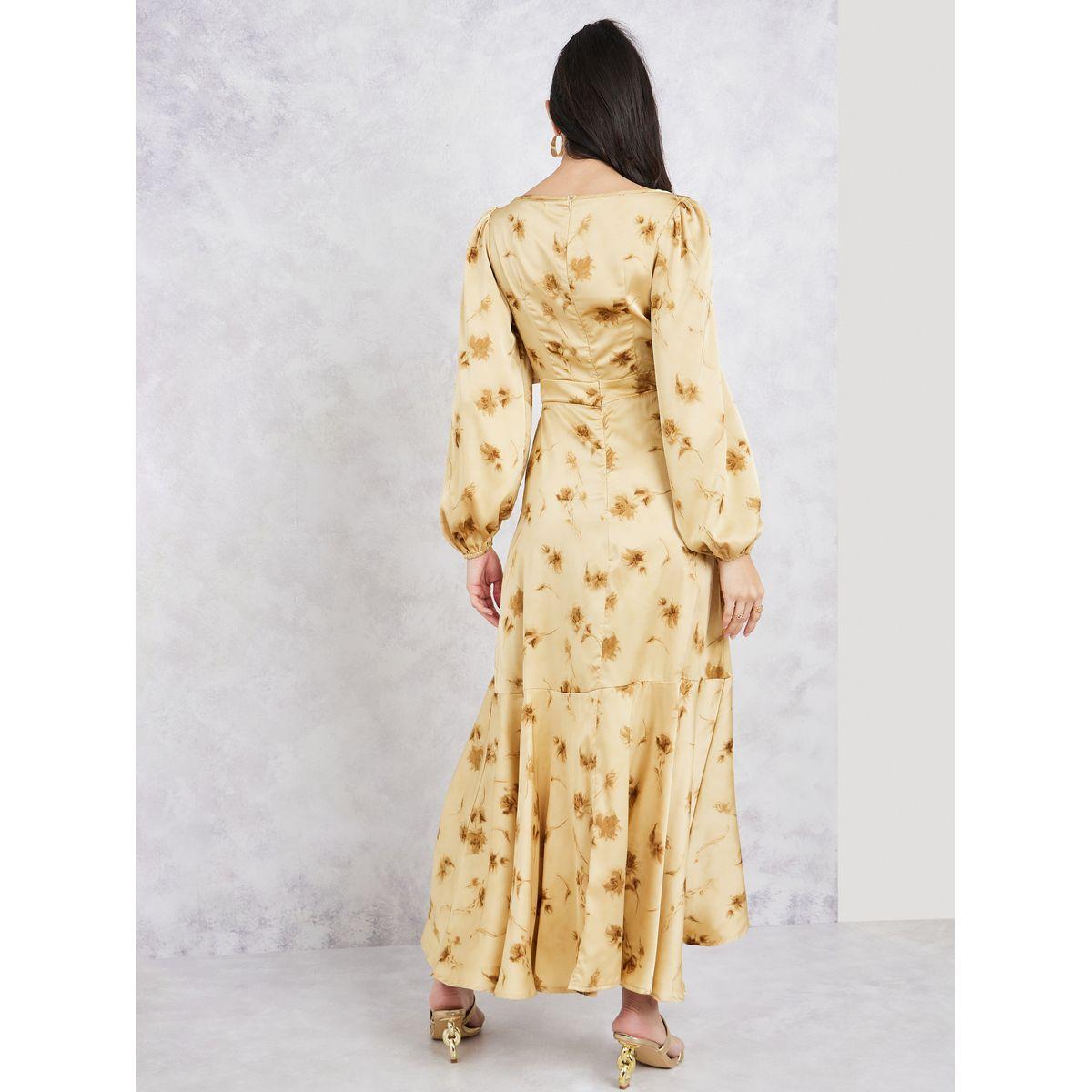 فستان ميدي من ستيلي ساتان بطبعة زهرية غير متماثلة بحافة A-Line-women-clothing-dresses-image-4