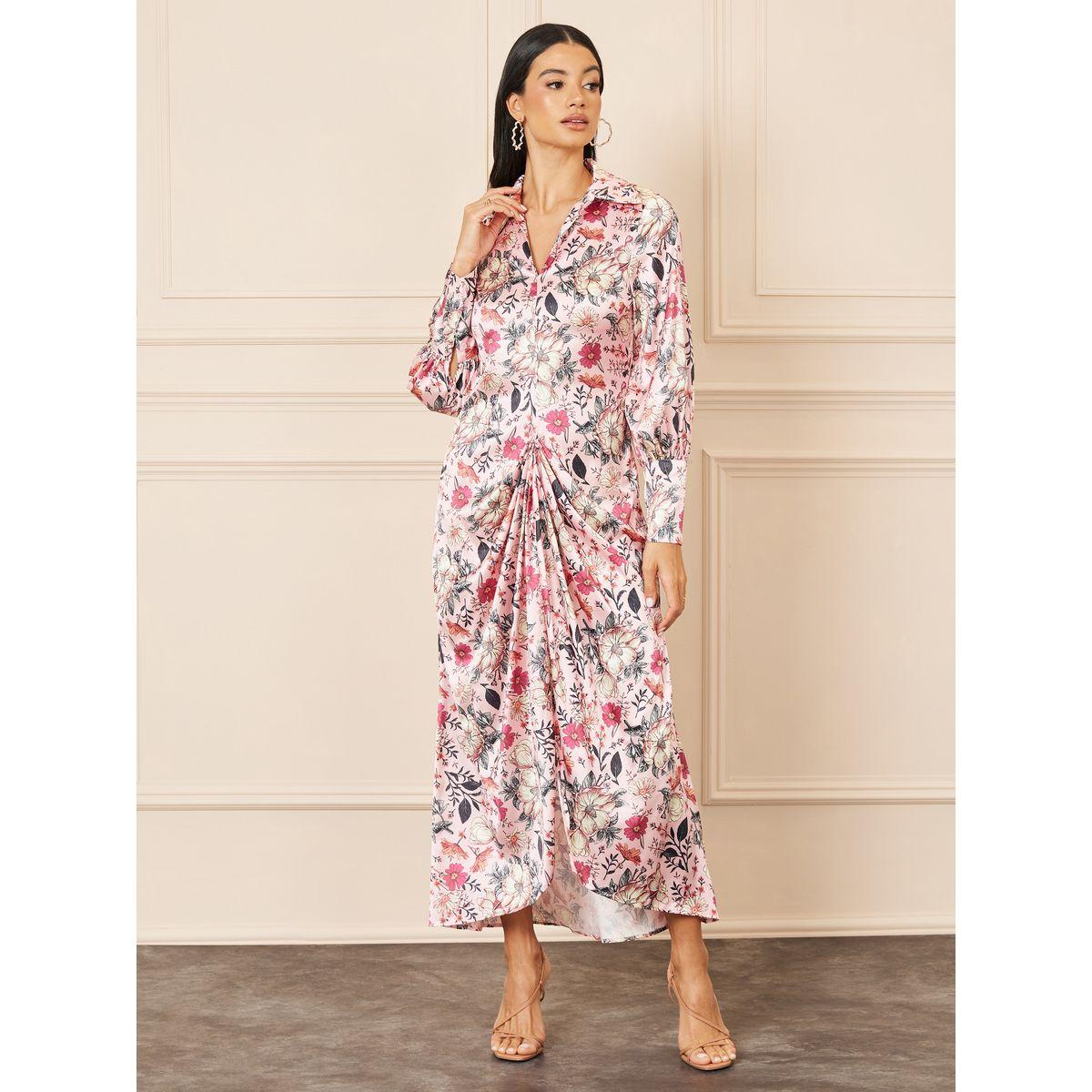فستان ساتان طويل بطبعة زهور مع كسرات-women-clothing-dresses-image-1
