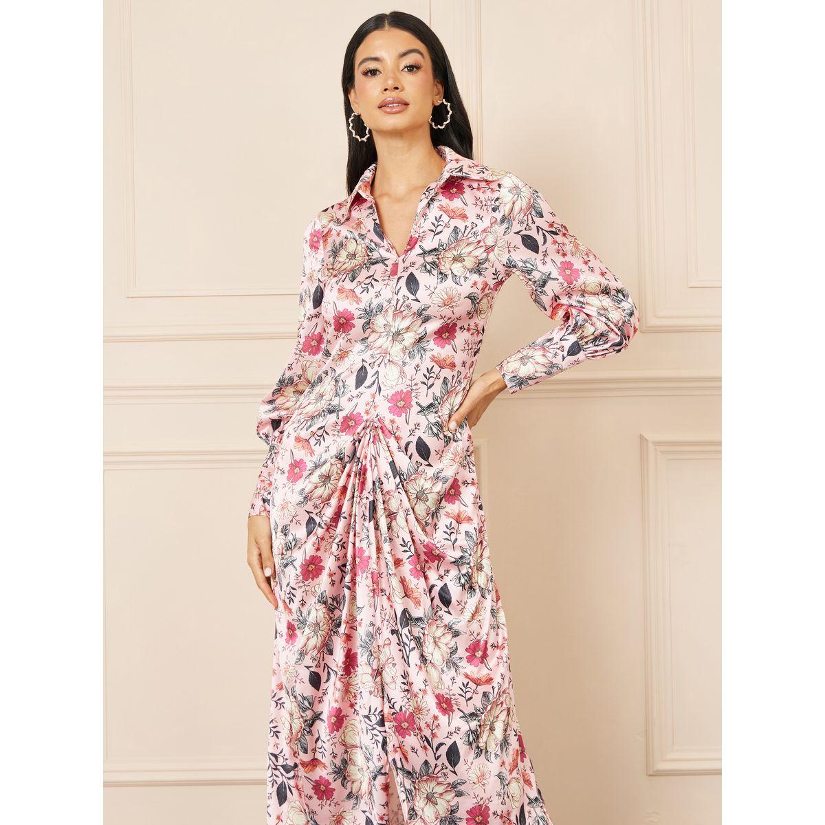 فستان ساتان طويل بطبعة زهور مع كسرات-women-clothing-dresses-image-2
