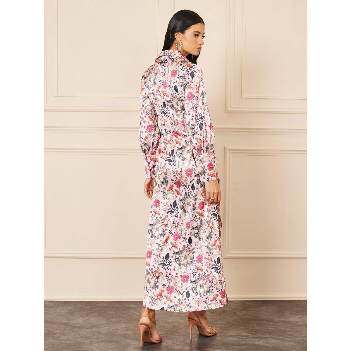 Styli Satin Floral Print Gathered Detail Collared Maxi Dress-women-clothing-dresses-image-4