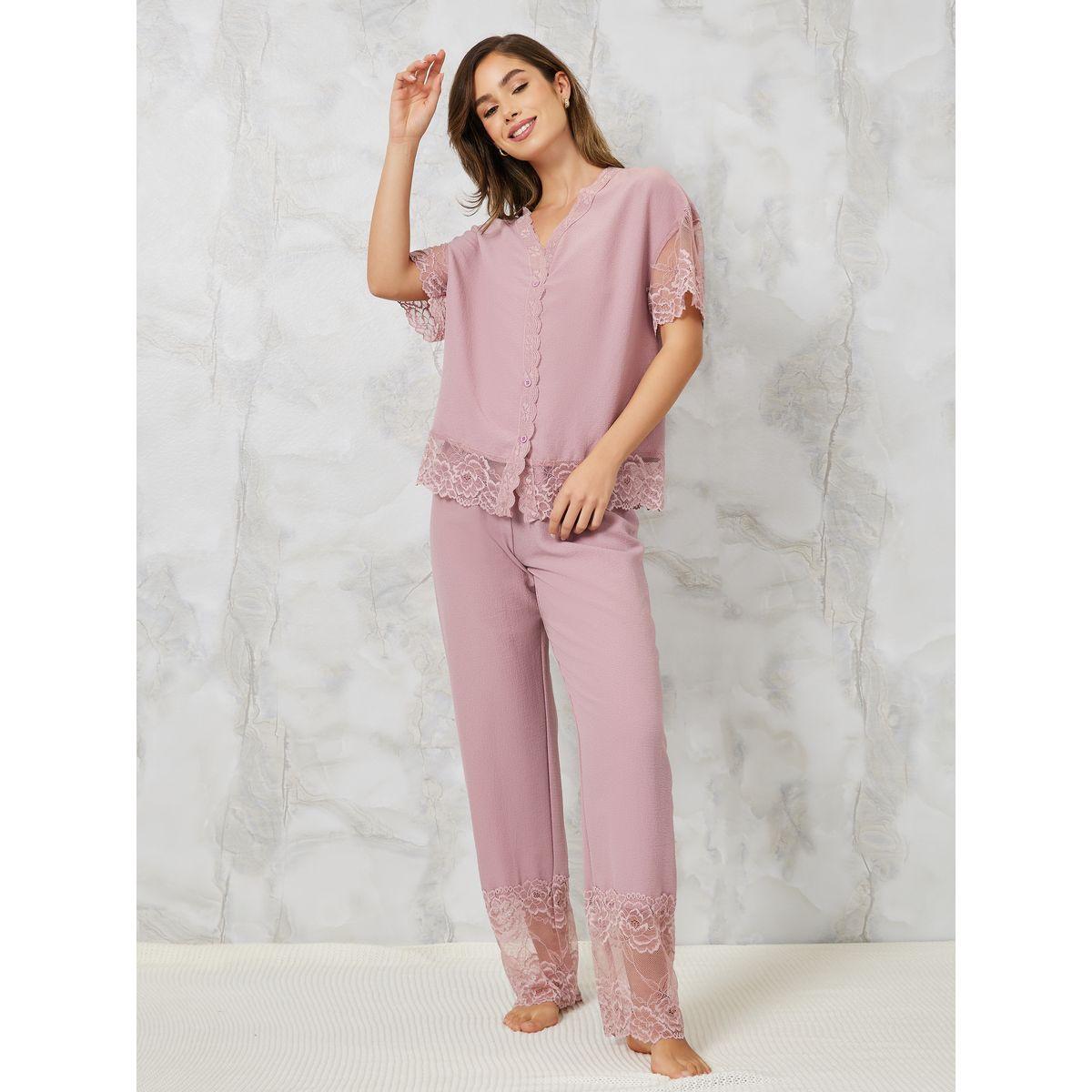 Styli Unwind Lace Trim Textured Shirt & Pyjama Set-women-clothing-nightwear-pyjamas-longsets-image-1