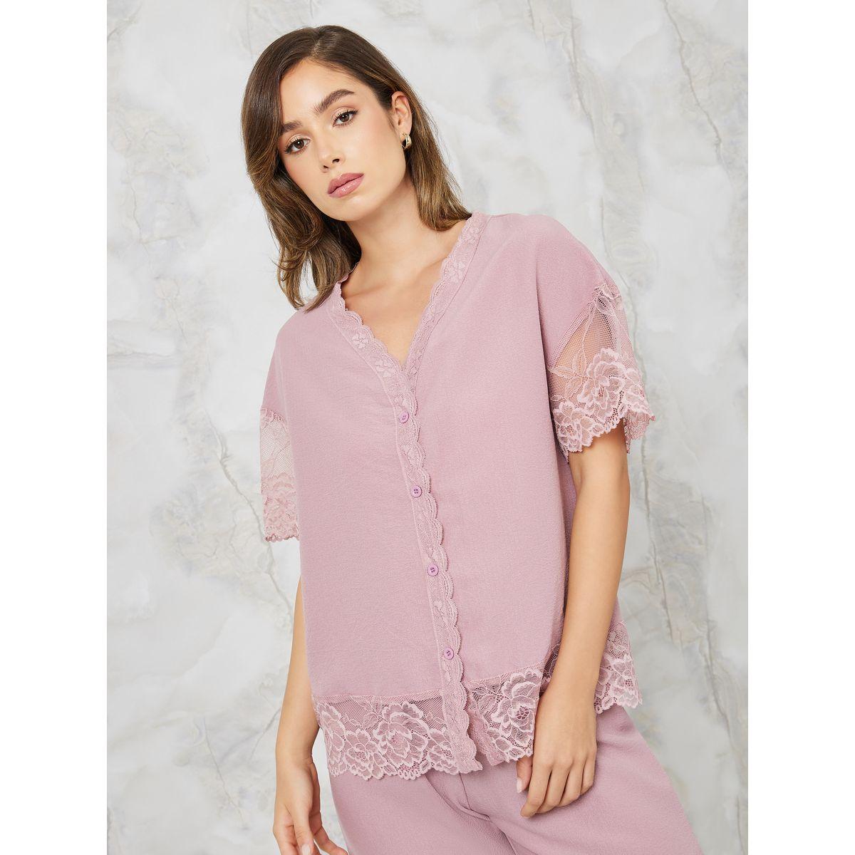 Styli Unwind Lace Trim Textured Shirt & Pyjama Set-women-clothing-nightwear-pyjamas-longsets-image-2