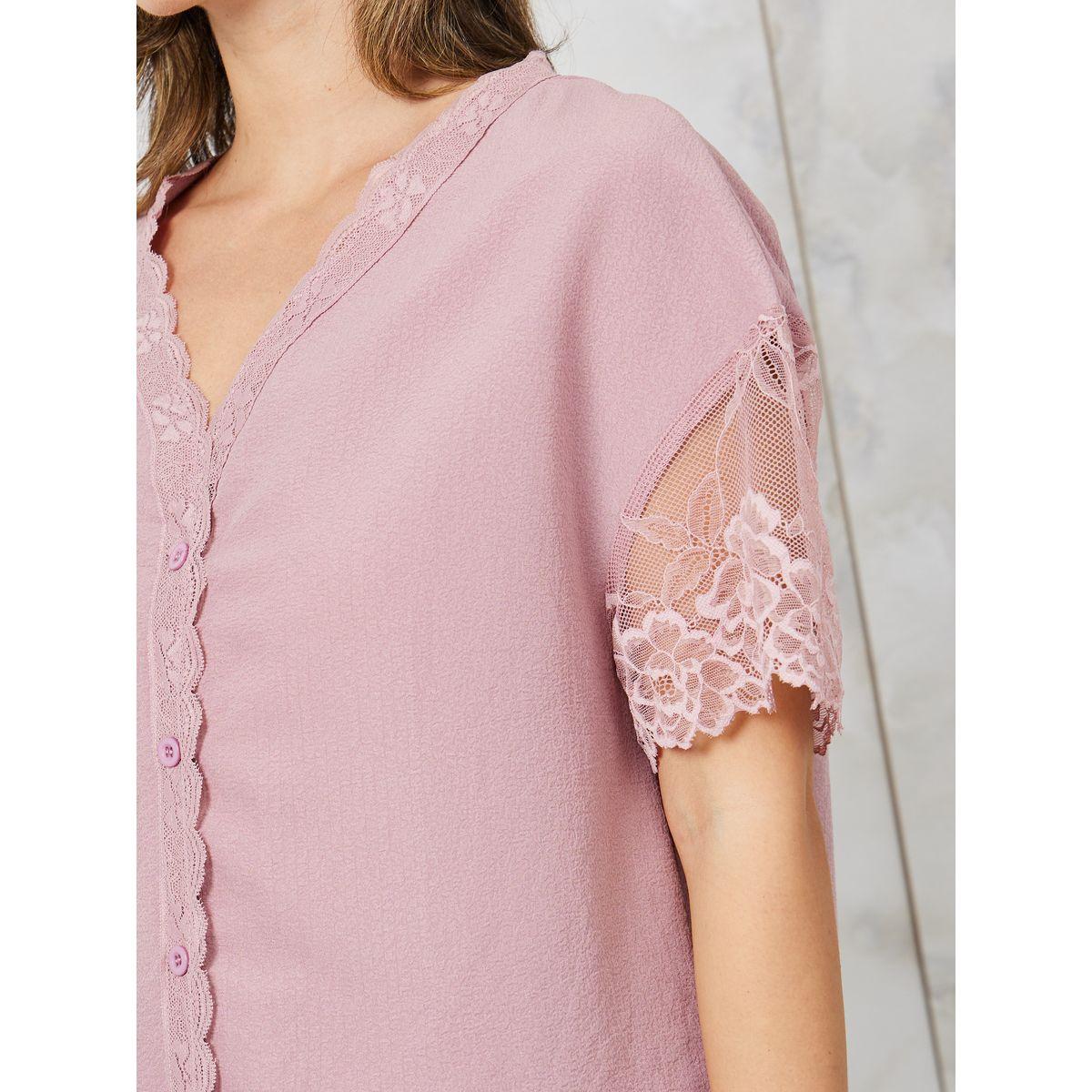 Styli Unwind Lace Trim Textured Shirt & Pyjama Set-women-clothing-nightwear-pyjamas-longsets-image-3
