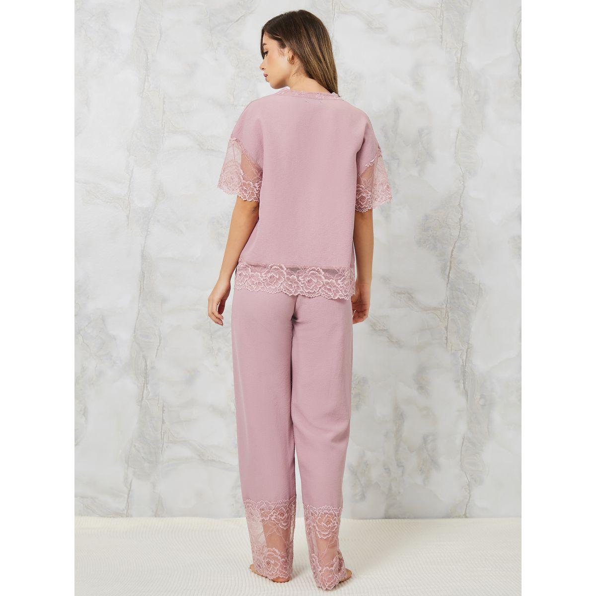 Styli Unwind Lace Trim Textured Shirt & Pyjama Set-women-clothing-nightwear-pyjamas-longsets-image-6