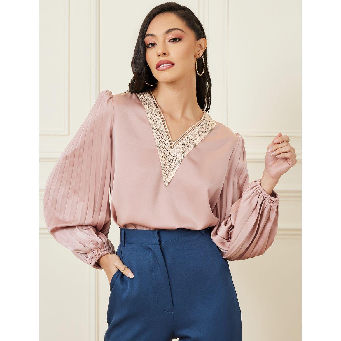 Styli Embroidered Neckline Pleated Sleeve Blouse-women-clothing-shirtsandblouses-blouses-image-1