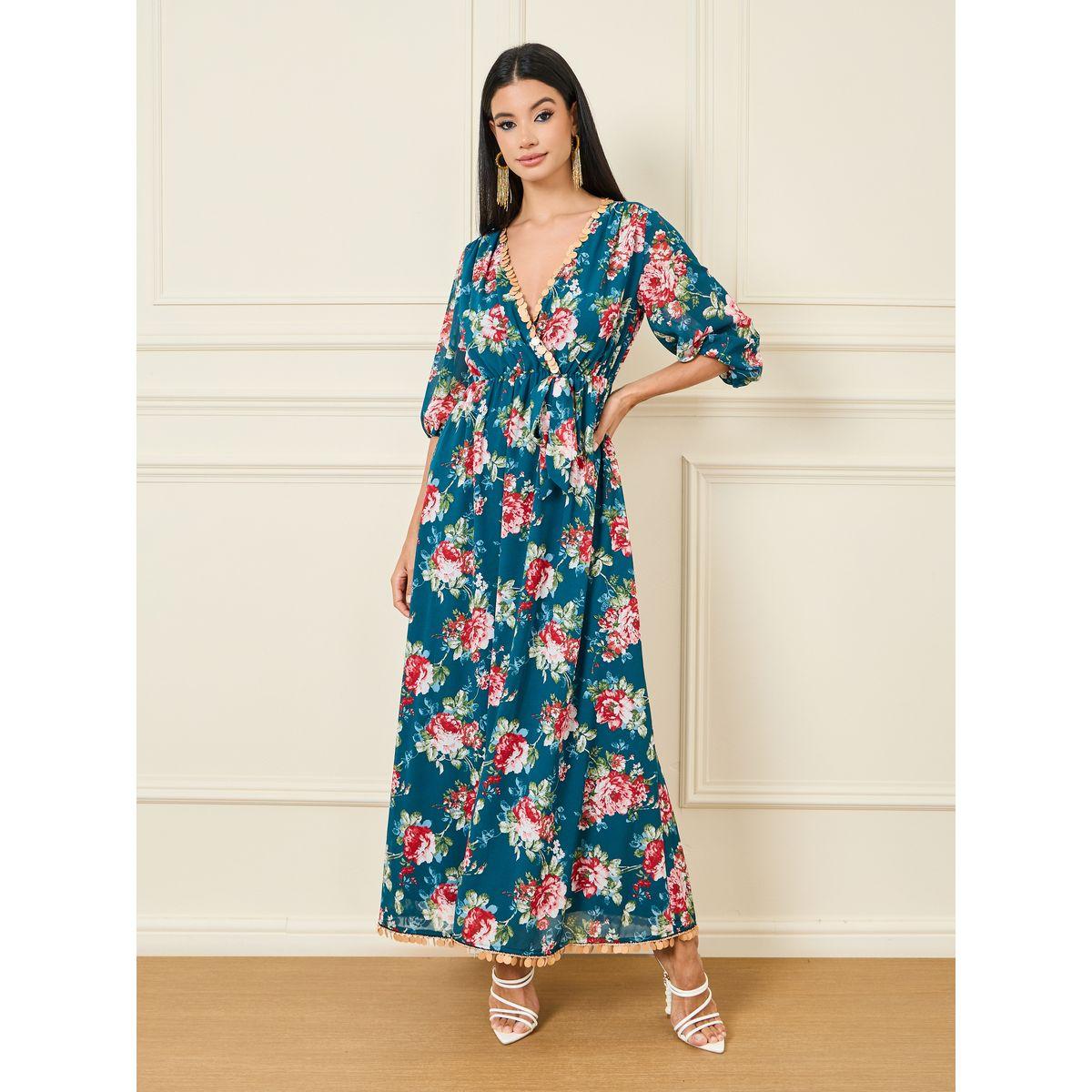 فستان طويل بطبعة زهور ونمط لف-women-clothing-dresses-image-1