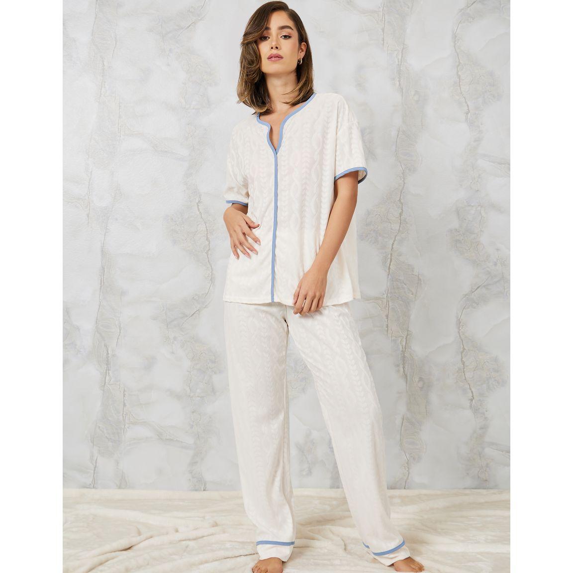 Styli Unwind Jacquard Cable Contrast Edge Shirt & Pyjama Set-women-clothing-nightwear-pyjamas-longsets-image-2