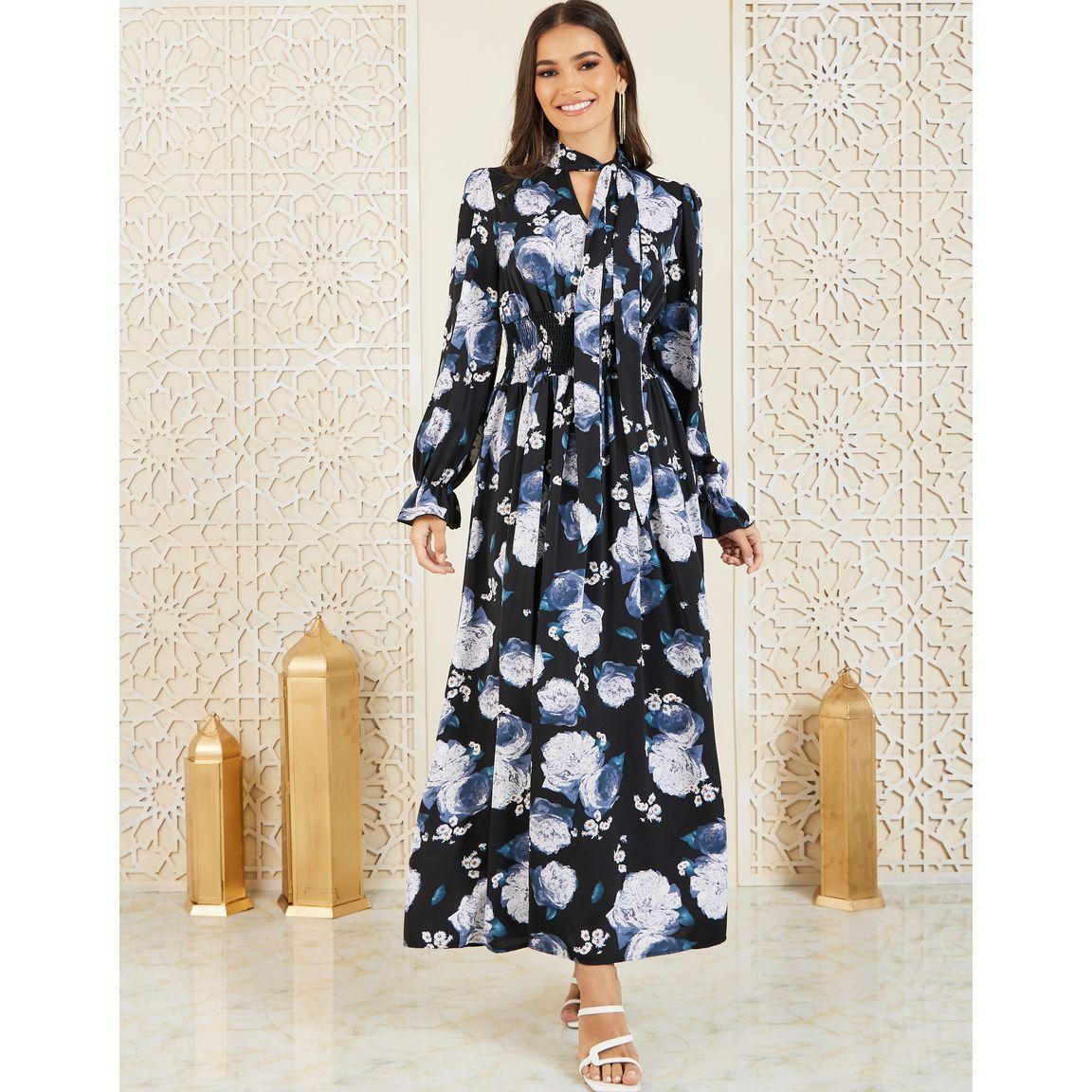فستان طويل بكسرات وطبعة زهور-women-clothing-dresses-image-1