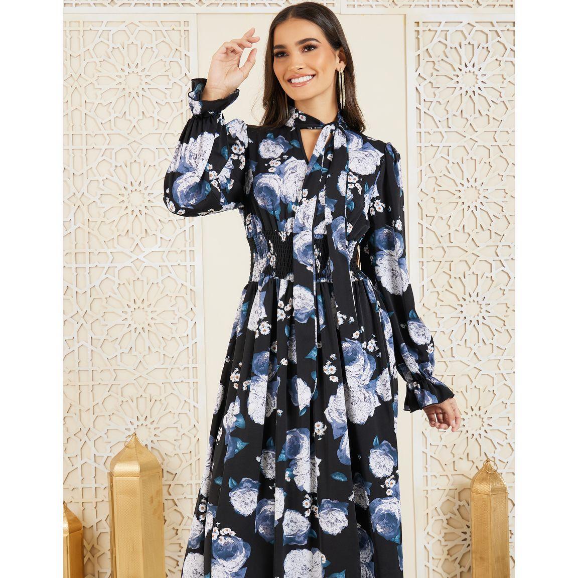 فستان طويل بكسرات وطبعة زهور-women-clothing-dresses-image-2