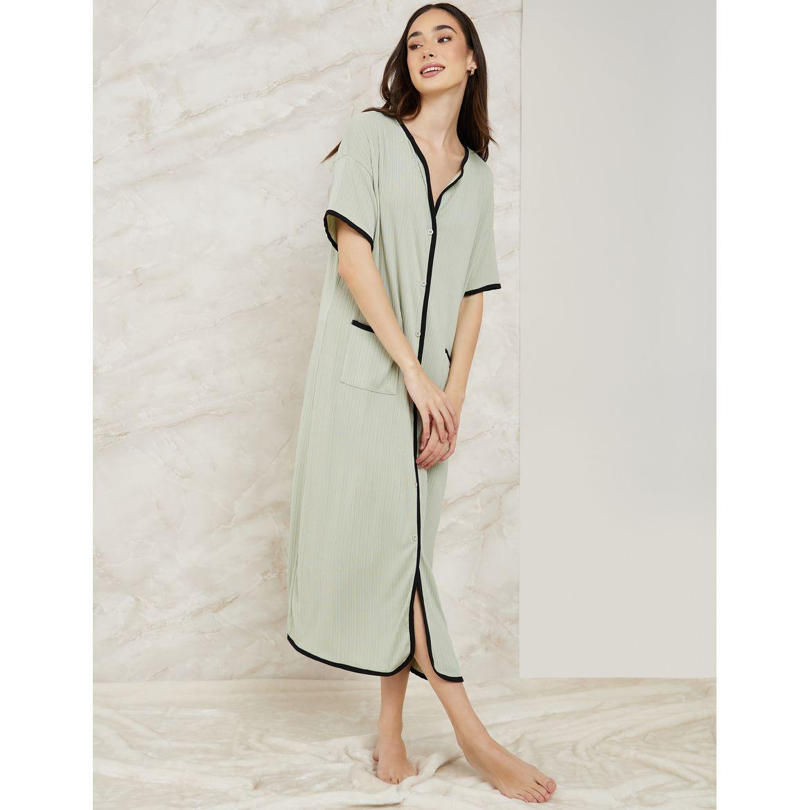 Styli Unwind Rib Contrast Edge Button Closure Nightshirt Dress-women-clothing-nightwear-nighties-image-1