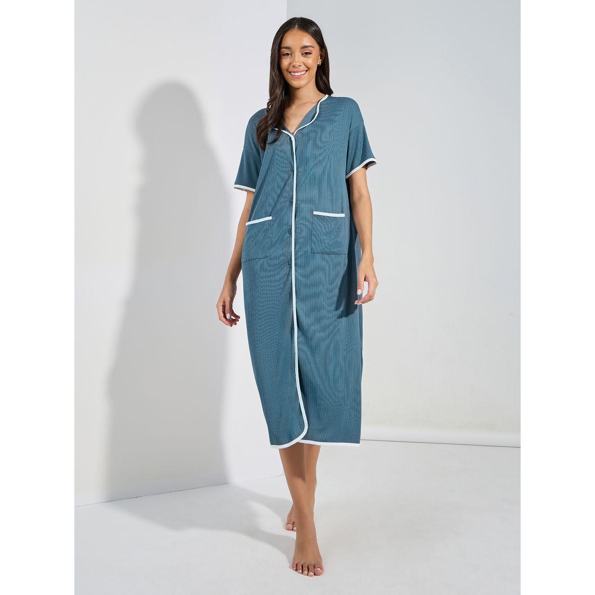 Styli Unwind Rib Contrast Edge Button Closure Nightshirt Dress-women-clothing-nightwear-nighties-image-1