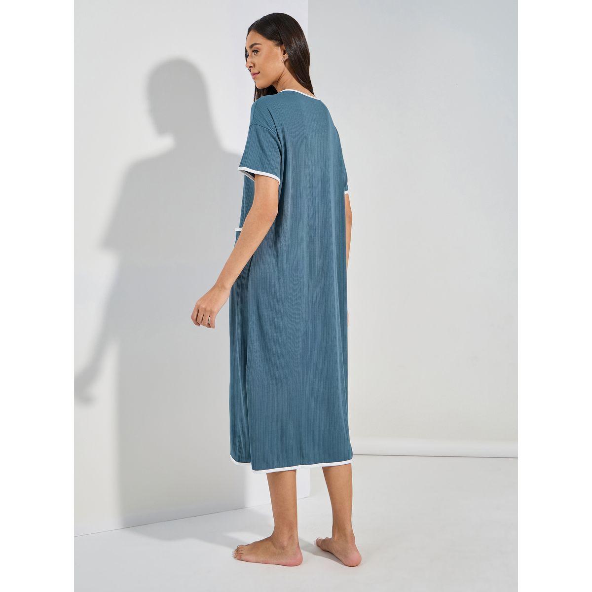 Styli Unwind Rib Contrast Edge Button Closure Nightshirt Dress-women-clothing-nightwear-nighties-image-4