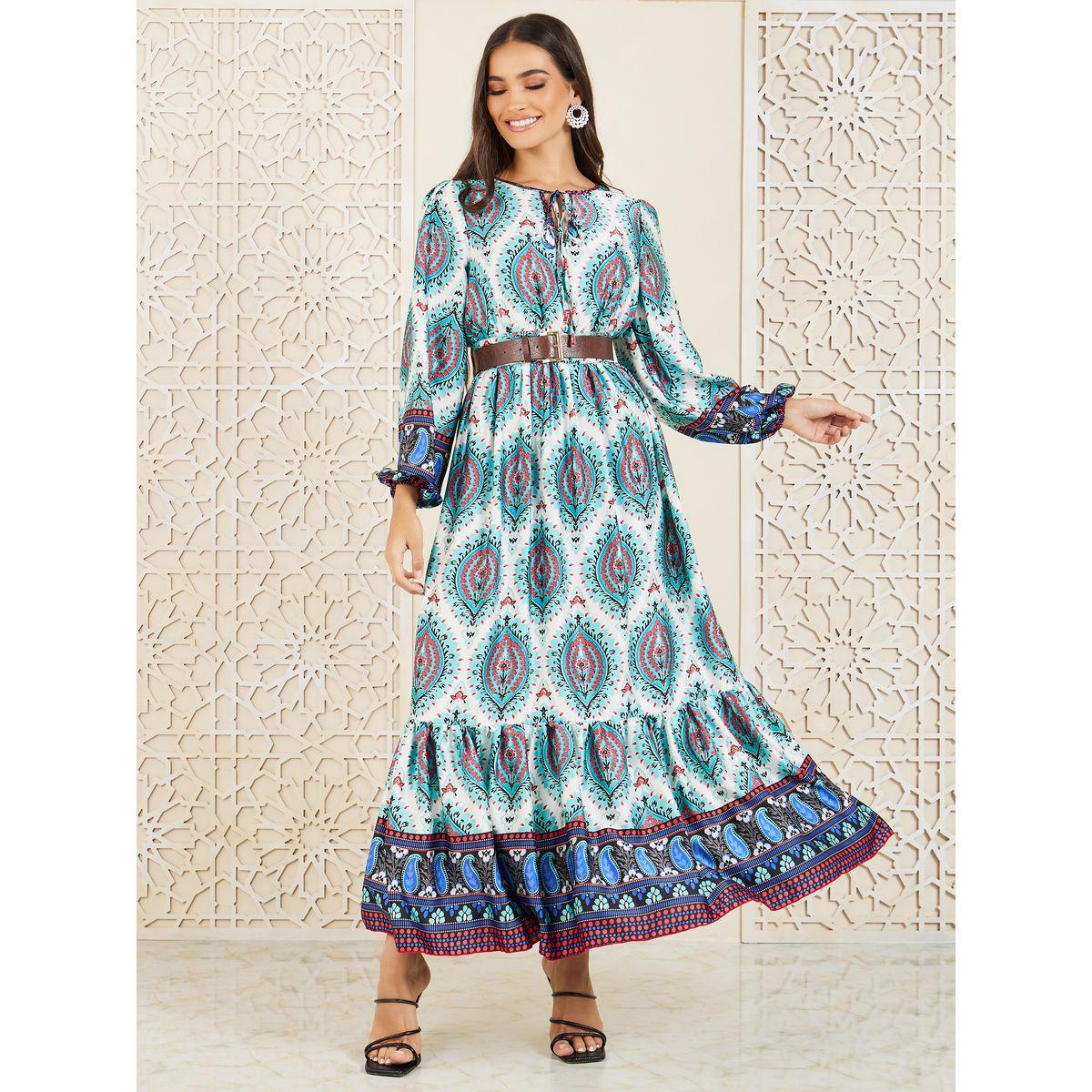 Styli Bohemian Print Belted A-Line Maxi Dress-women-clothing-dresses-image-1