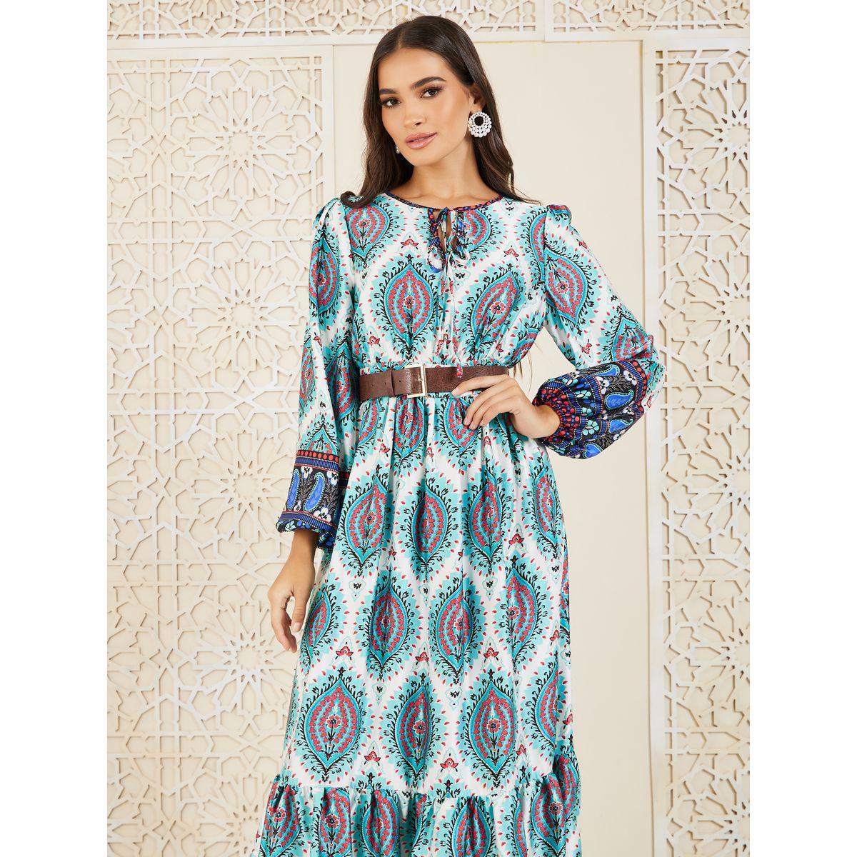 Styli Bohemian Print Belted A-Line Maxi Dress-women-clothing-dresses-image-2