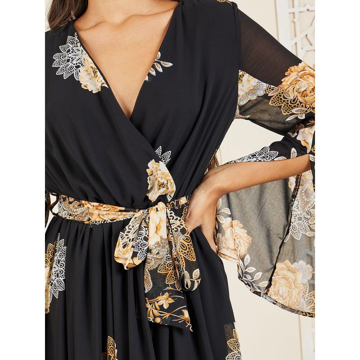 فستان طويل بنمط لف وطبعة زهور مع أربطة-women-clothing-dresses-image-3