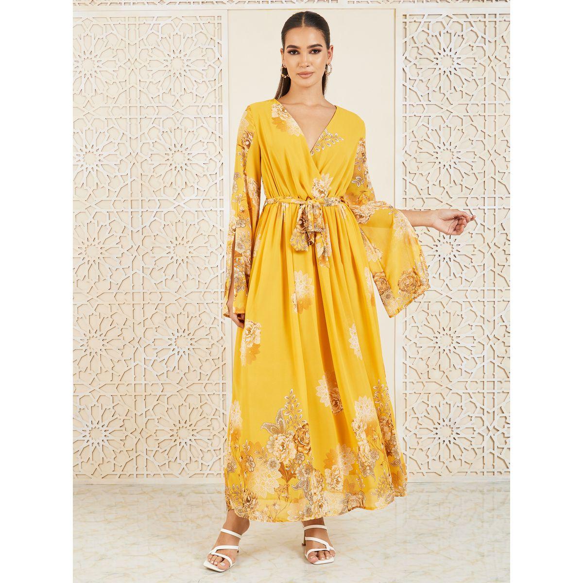 فستان طويل بطبعة زهور ونمط لف مع أربطة-women-clothing-dresses-image-1