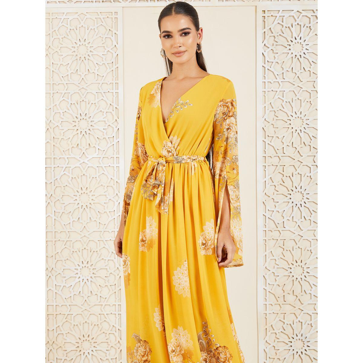 فستان طويل بطبعة زهور ونمط لف مع أربطة-women-clothing-dresses-image-2