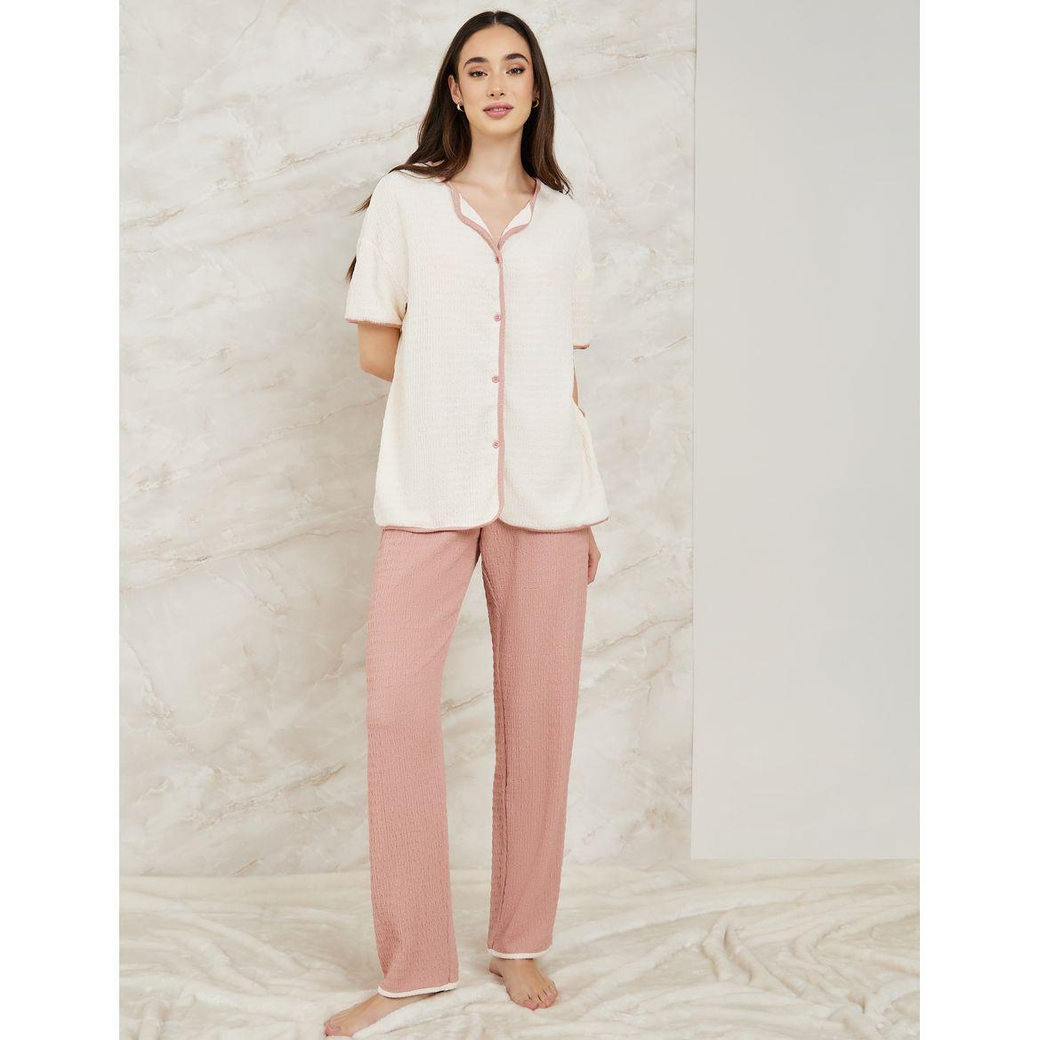 Styli Unwind Textured Contrast Edge & Pyjama Set-women-clothing-nightwear-pyjamas-longsets-image-1