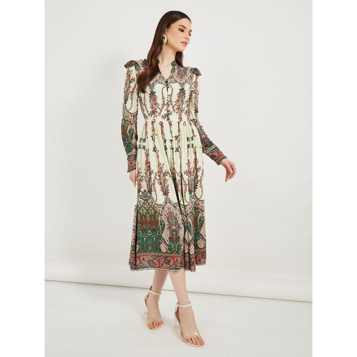 فستان ميدي بنقش بيزلي وأكمام طويلة وقصة A-women-clothing-dresses-image-1