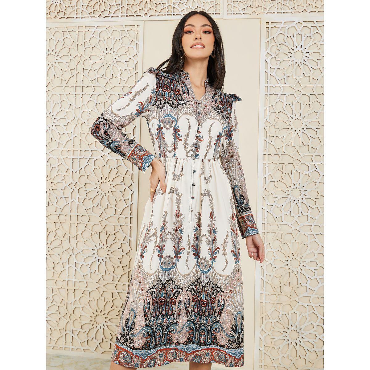 Styli Paisley Print Button Detail Notch Neck A-Line Midi Dress-women-clothing-dresses-image-2